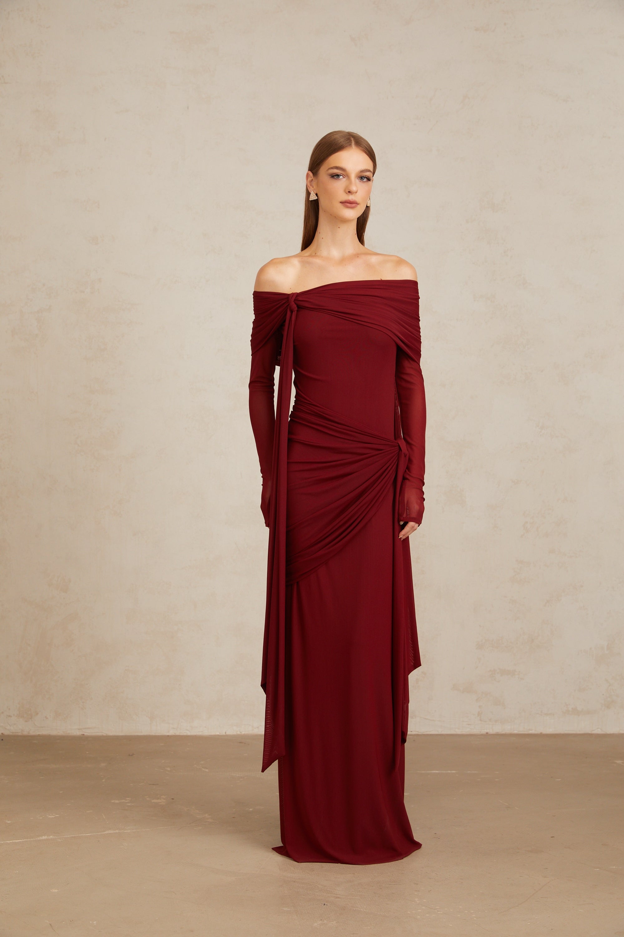 Off-shoulder Maxi Dress in Red