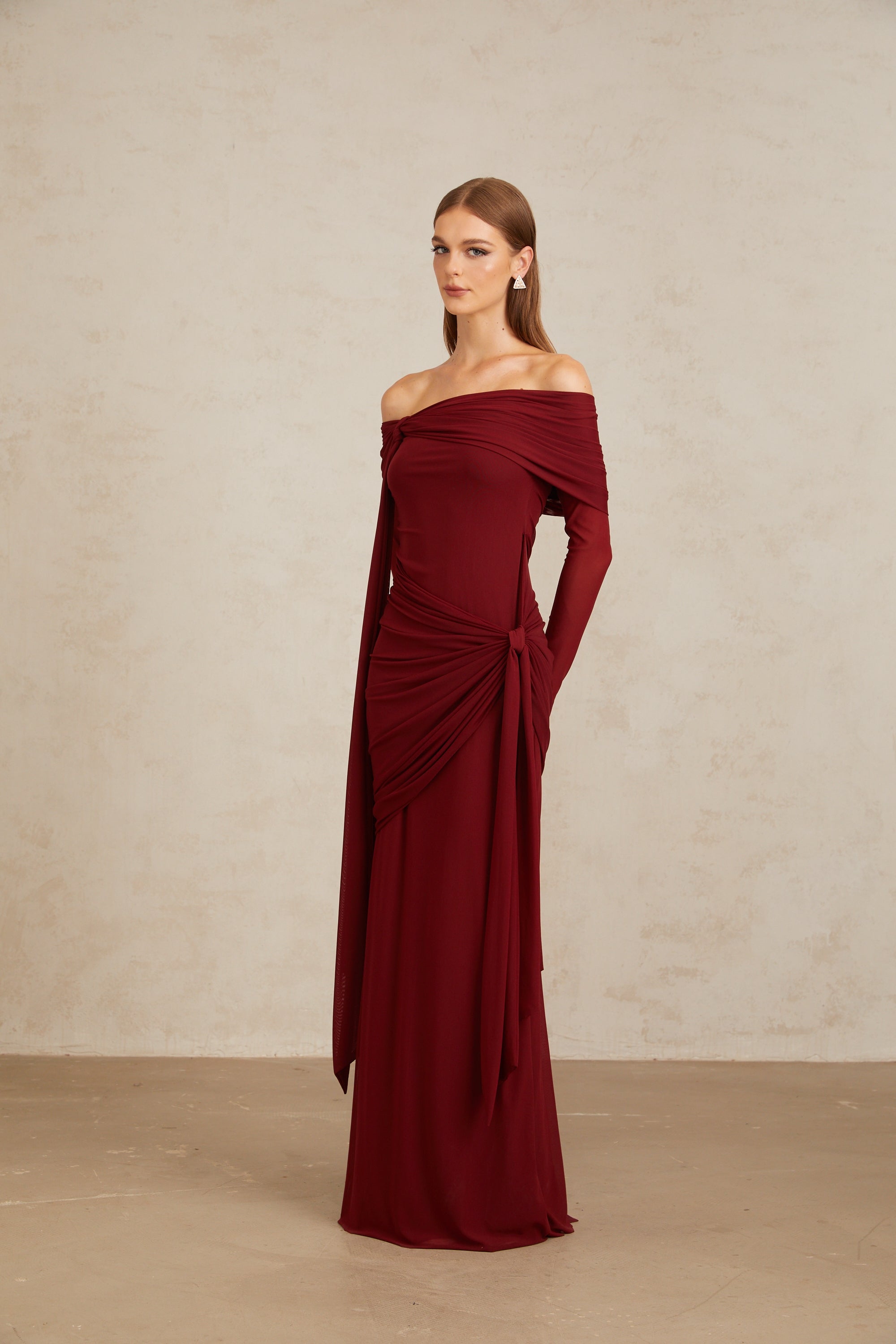 Off-shoulder Maxi Dress in Red