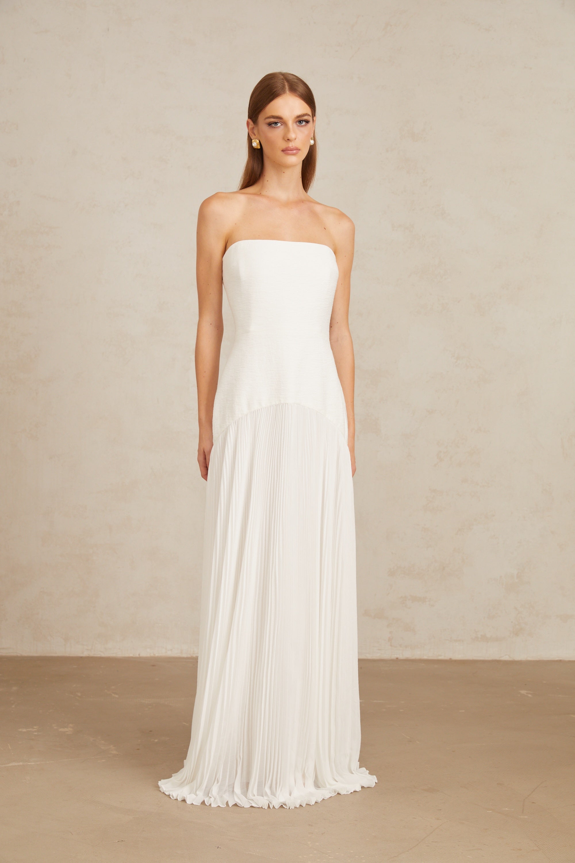 White Off-Shoulder Pleated Maxi Gown