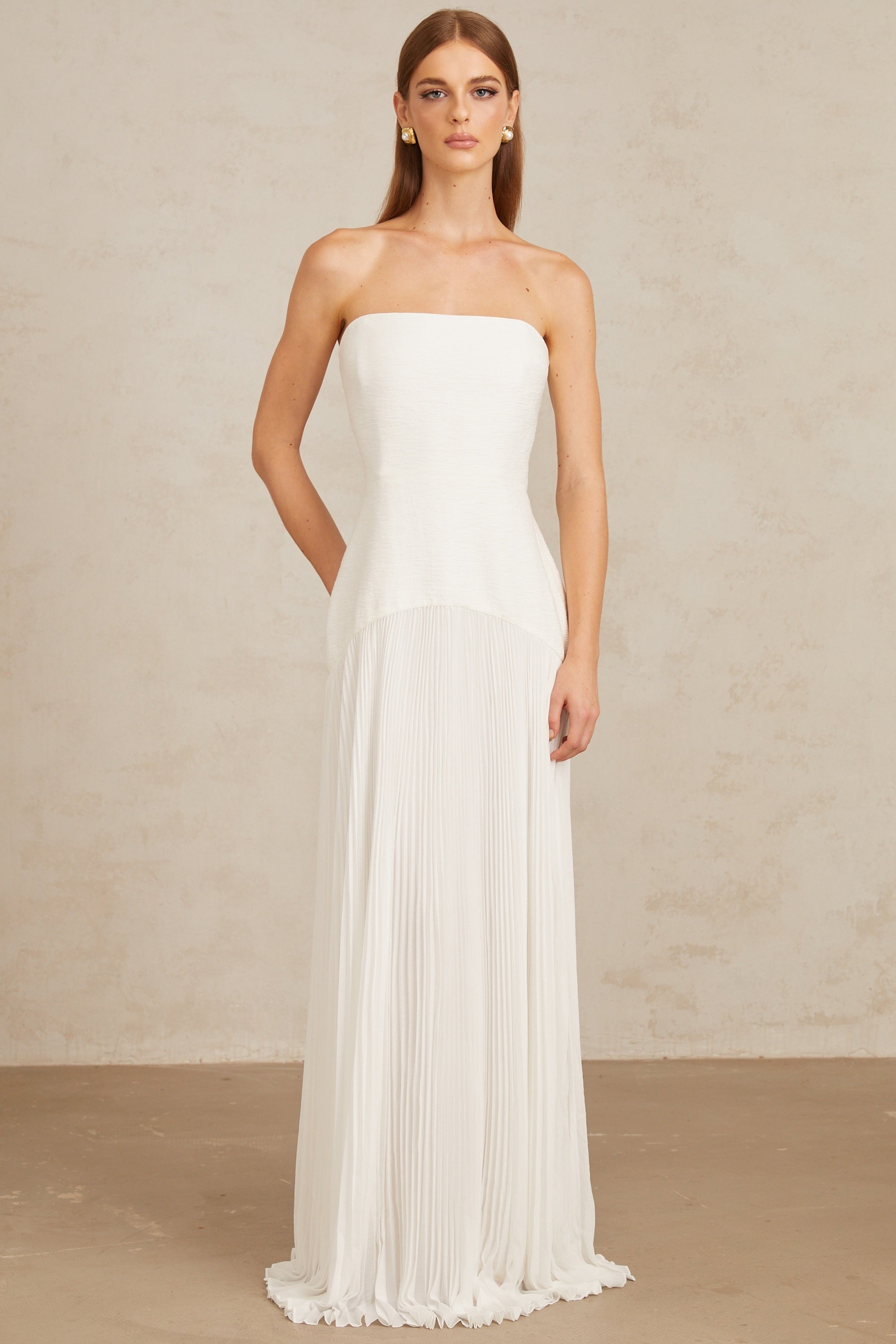 White Off-Shoulder Pleated Maxi Gown