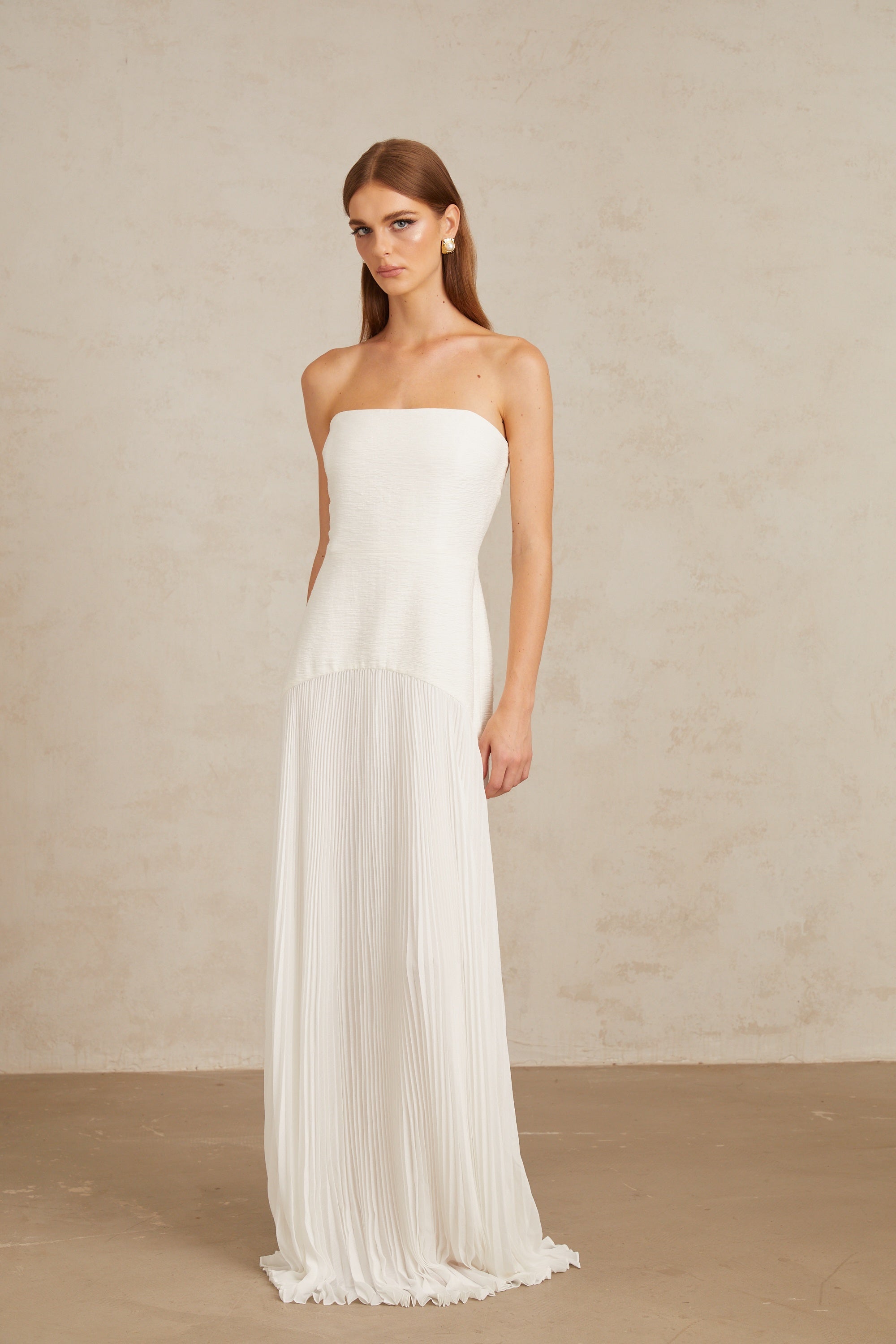 White Off-Shoulder Pleated Maxi Gown