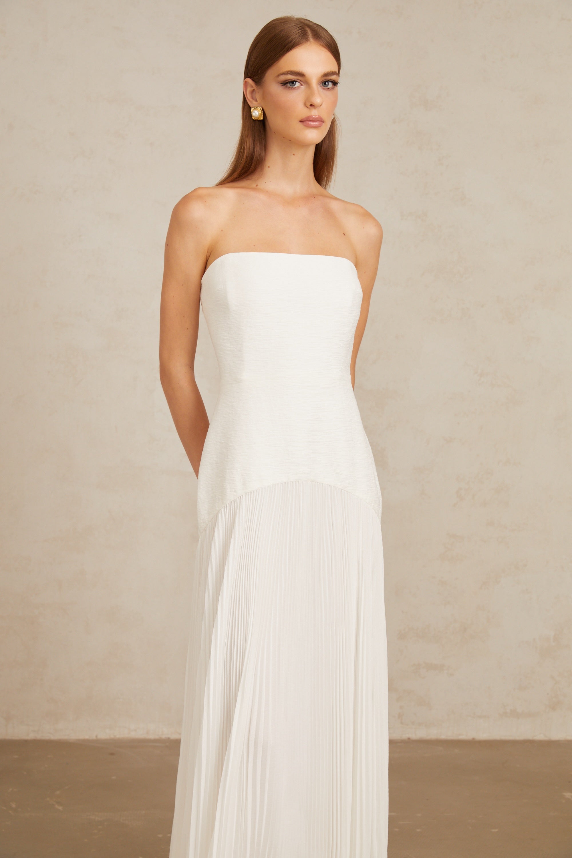 White Off-Shoulder Pleated Maxi Gown