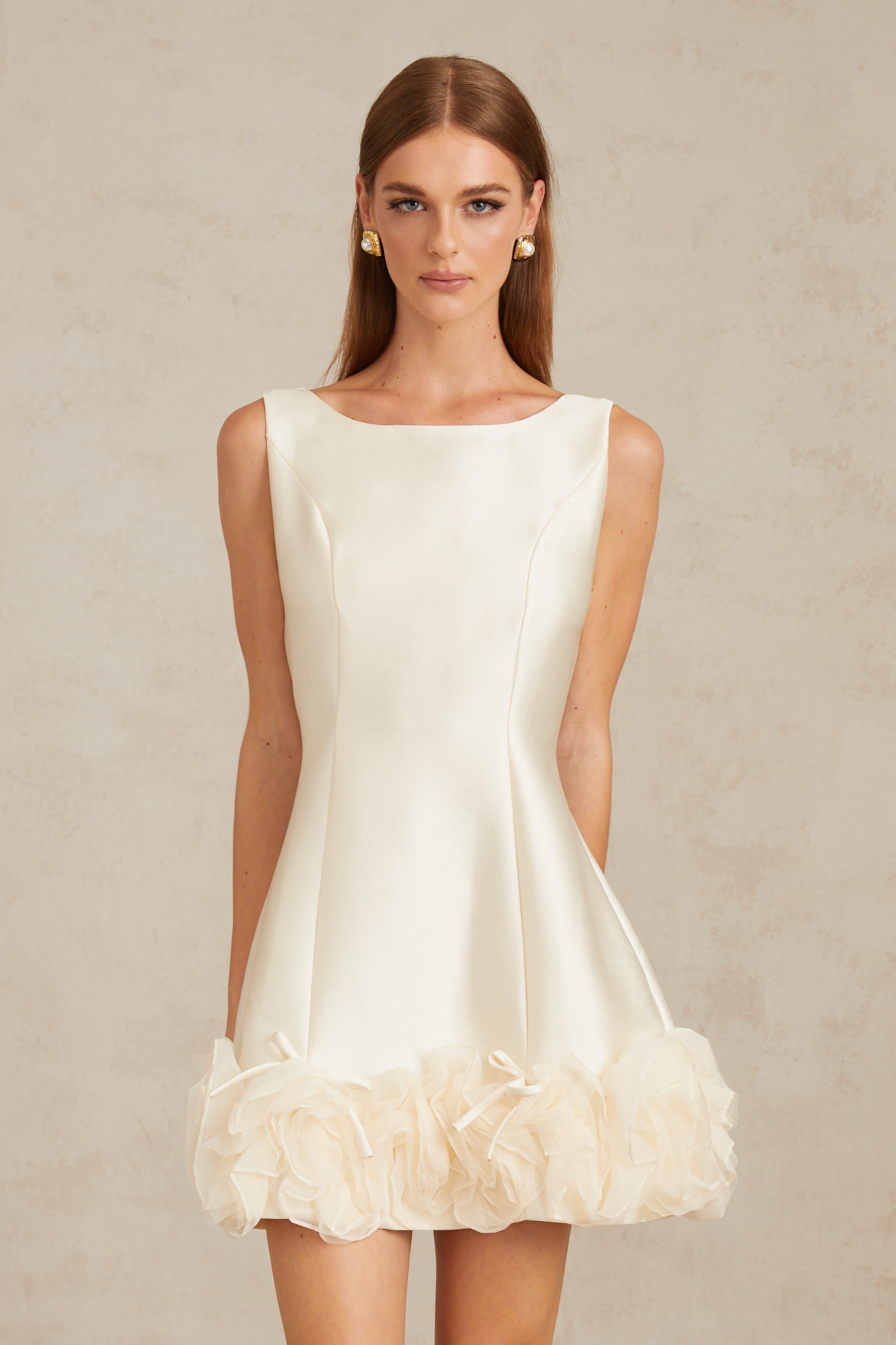Satin ivory mini dress with ruffled floral hem