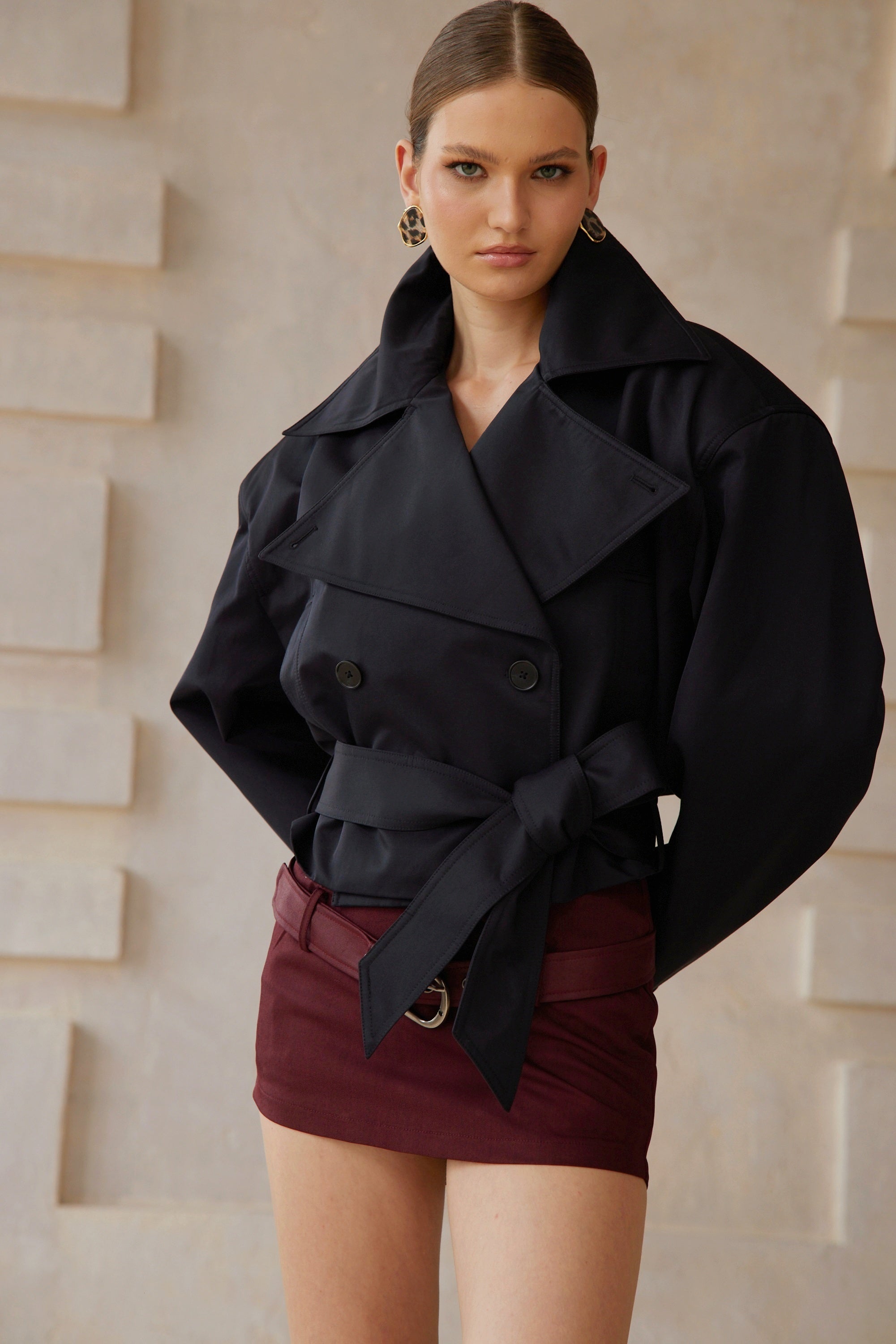 Avril Black Double-Breasted Short Trench Coat – Miss Rosier