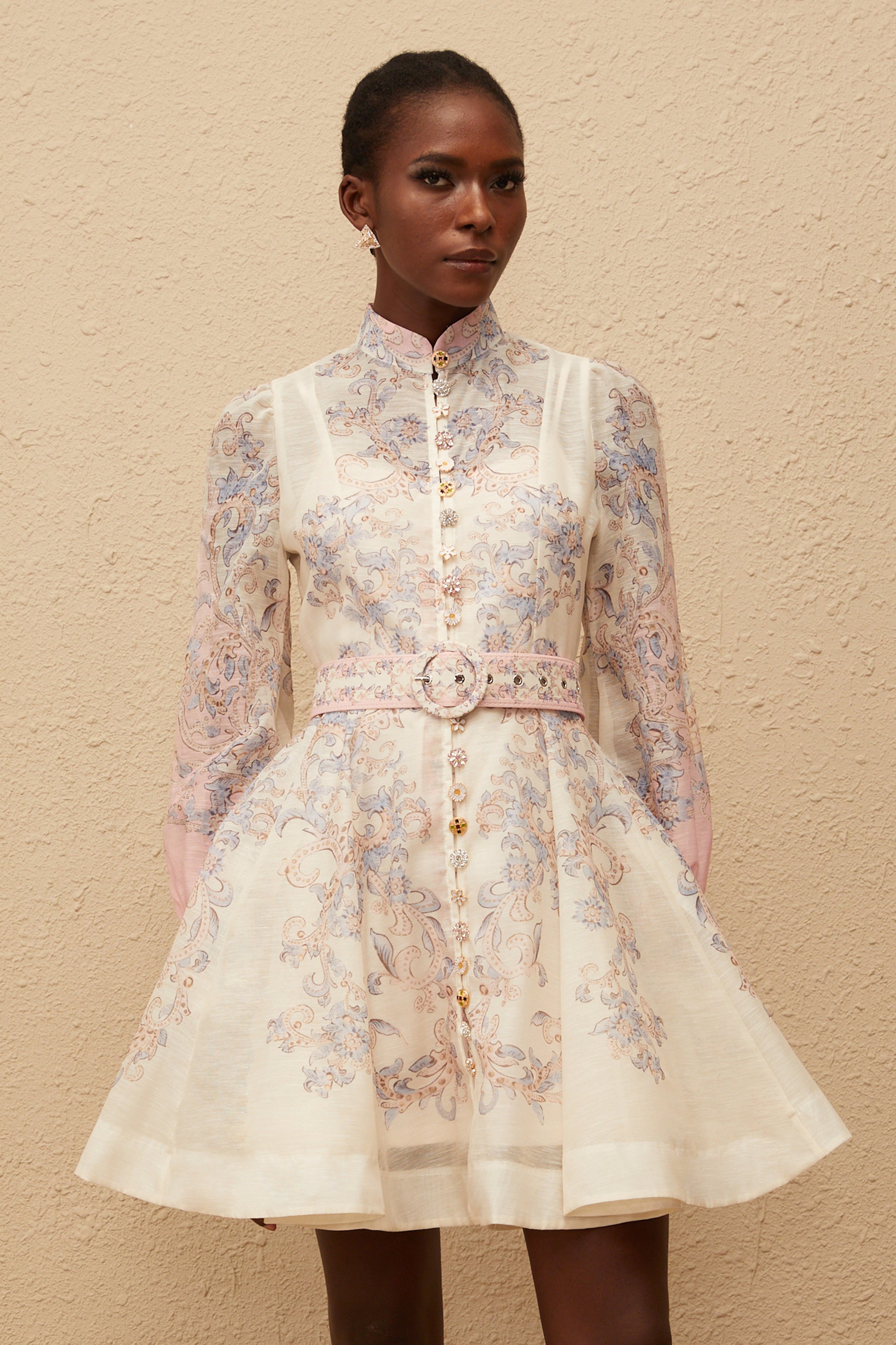 Paisley print linen mini dress with high neck and matching belt