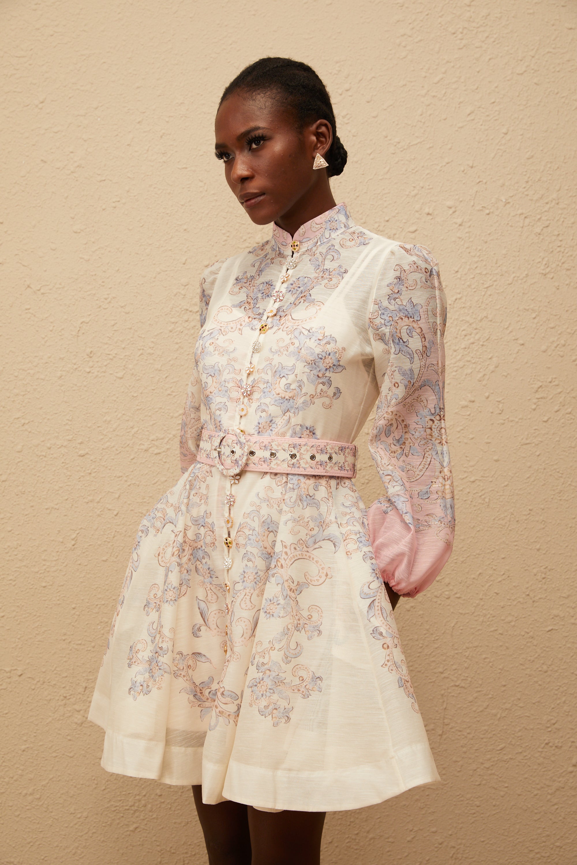 Paisley print linen mini dress with high neck and matching belt