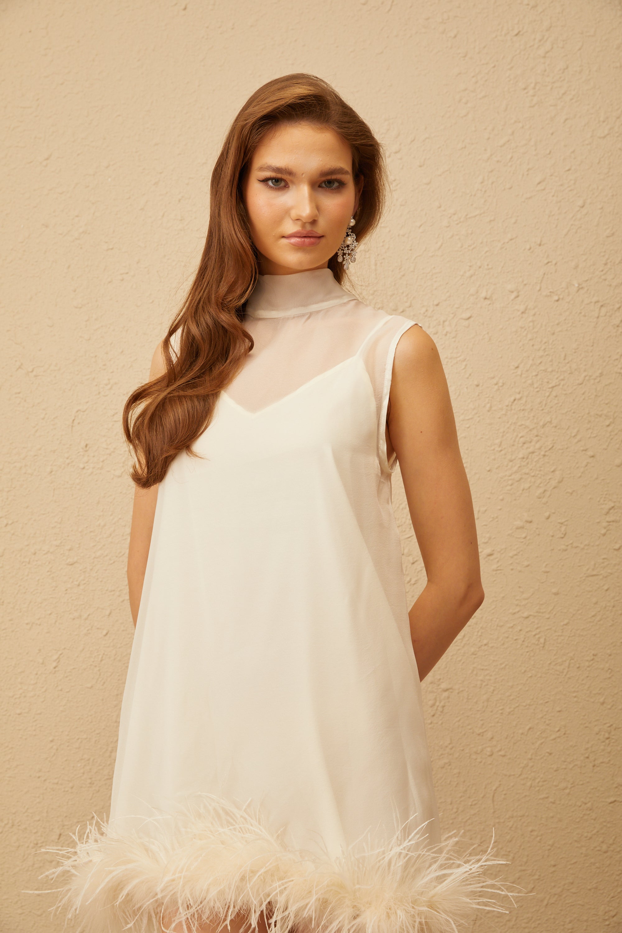 White Feather Trim Mini Dress