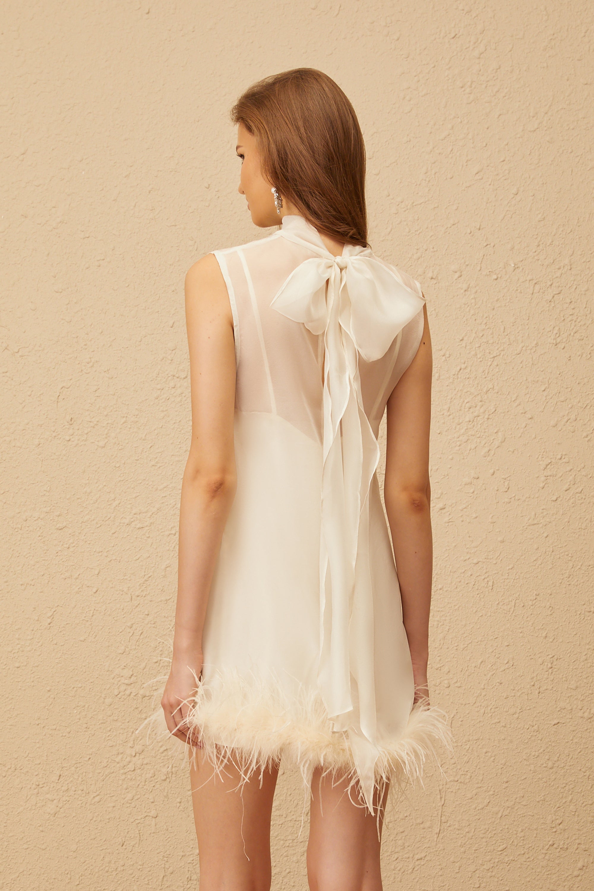 White Feather Trim Mini Dress