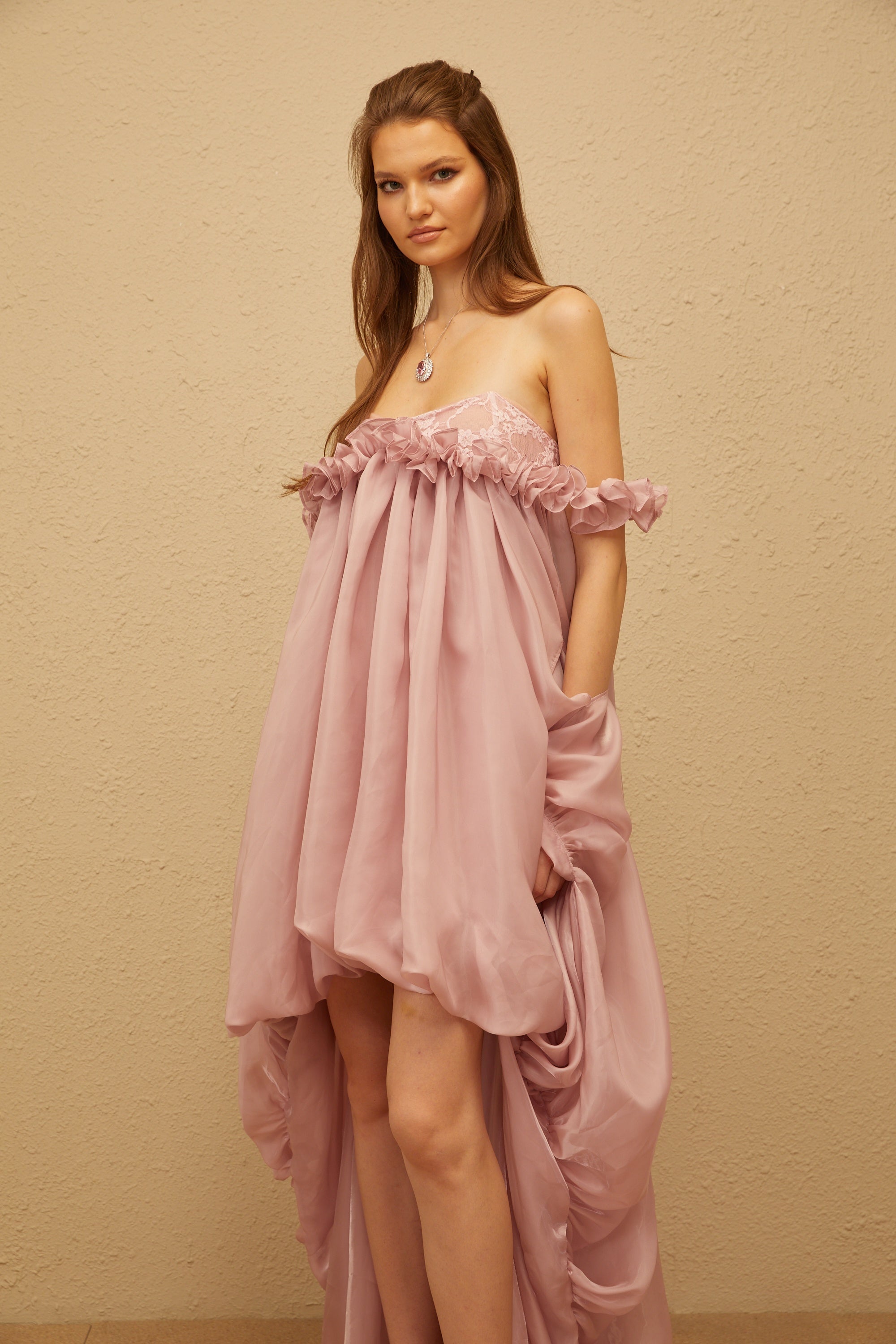Pink Glossy Bubble Hem Mini Dress