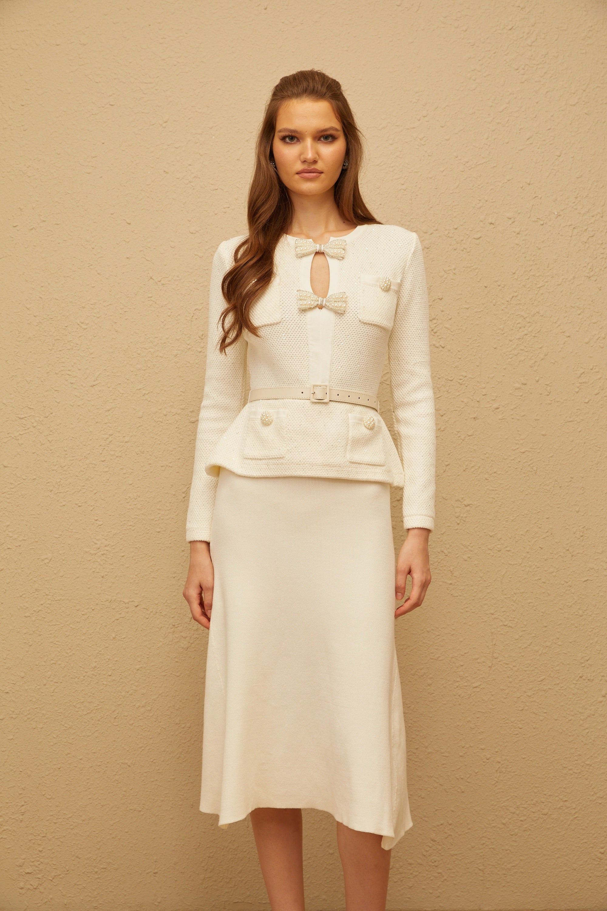 White Embellished Knit Midi Dress