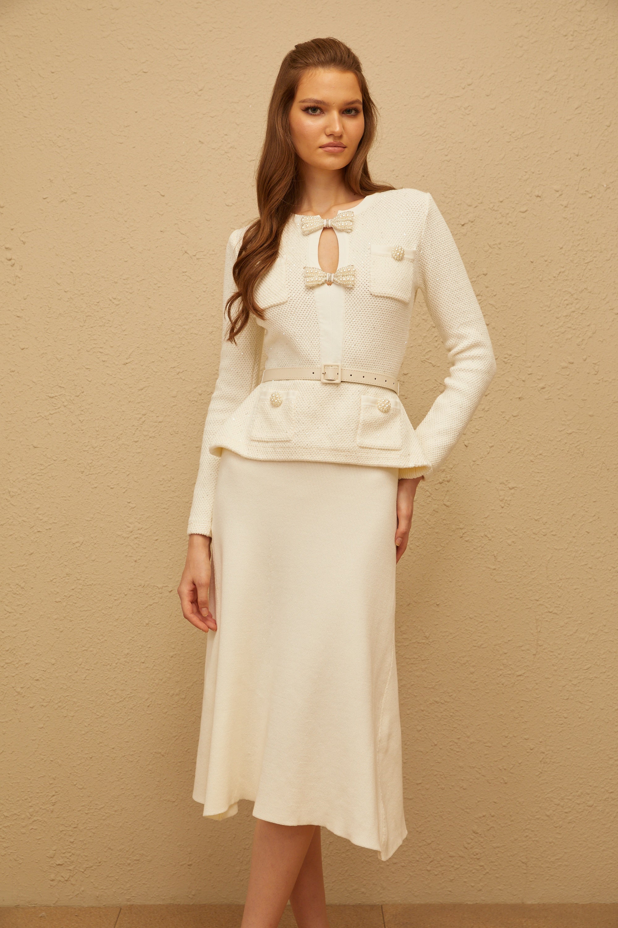 White Embellished Knit Midi Dress