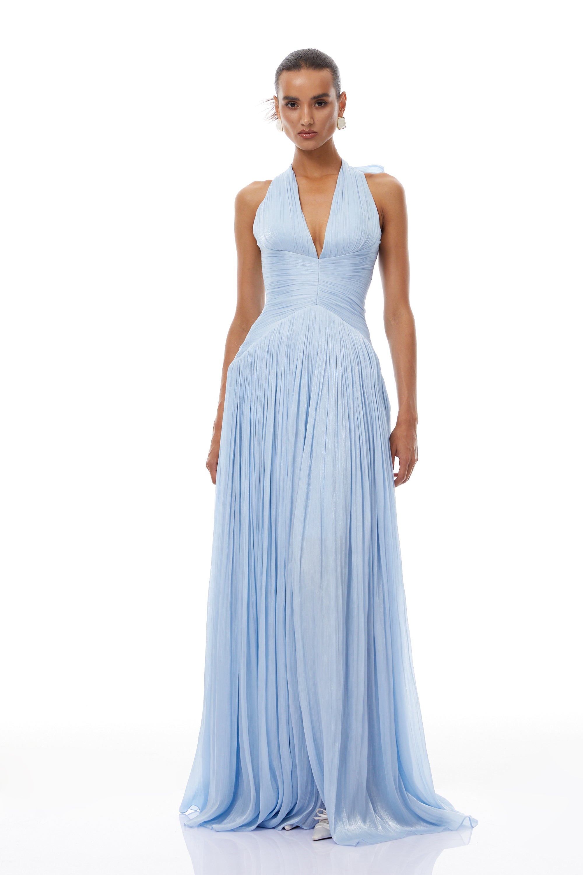 Blue Glossy Gathered Maxi Dress