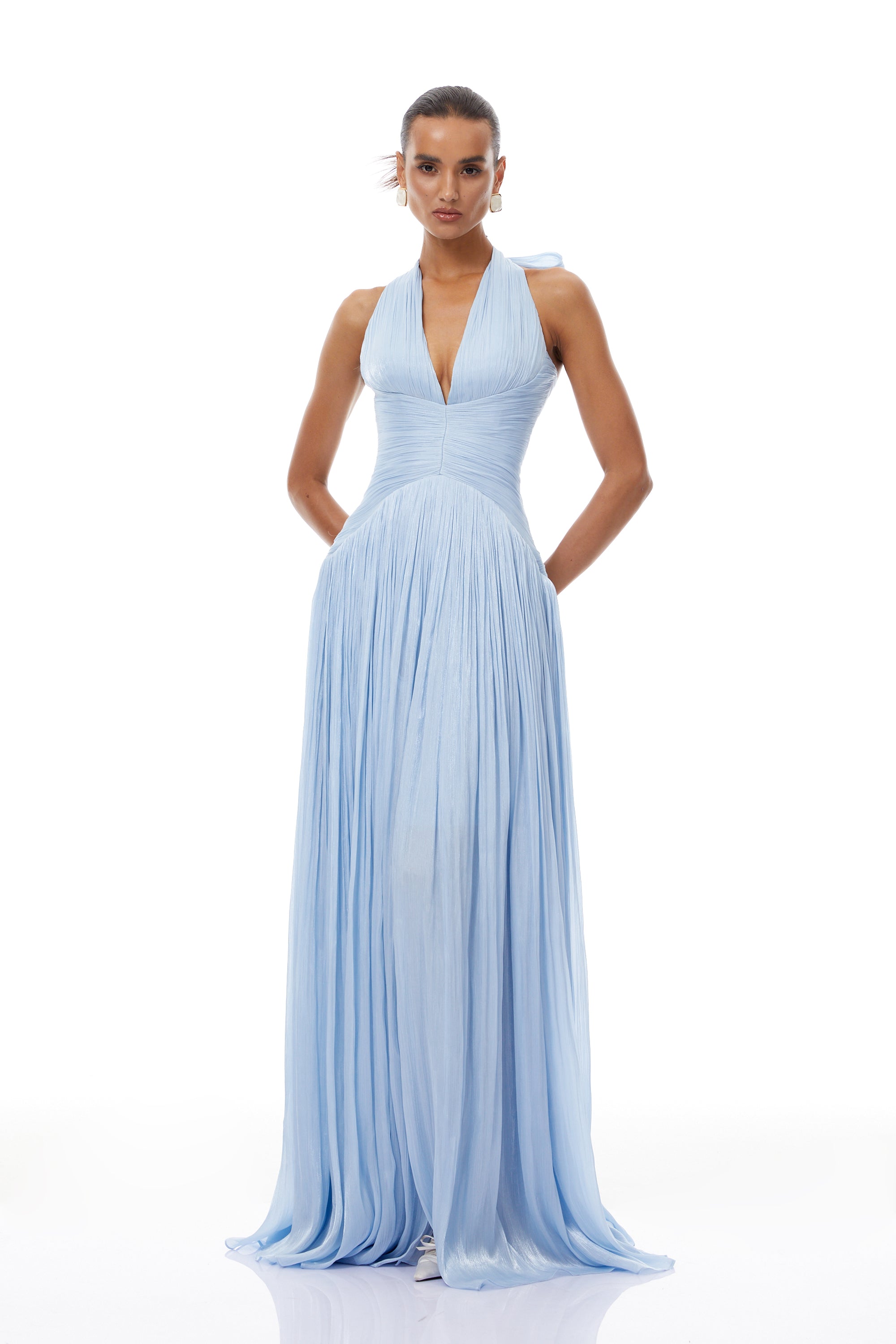 Blue Glossy Gathered Maxi Dress