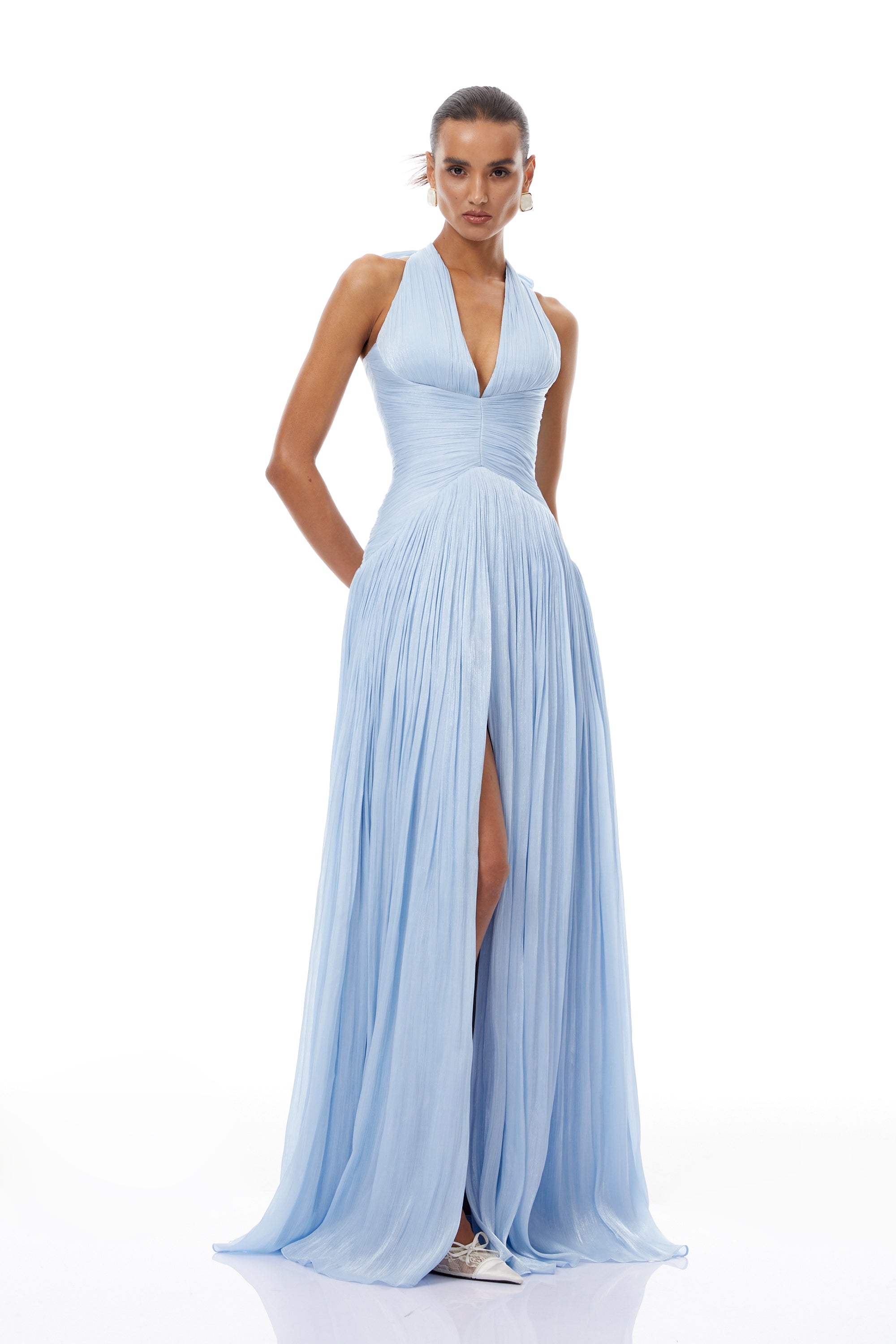 Blue Glossy Gathered Maxi Dress
