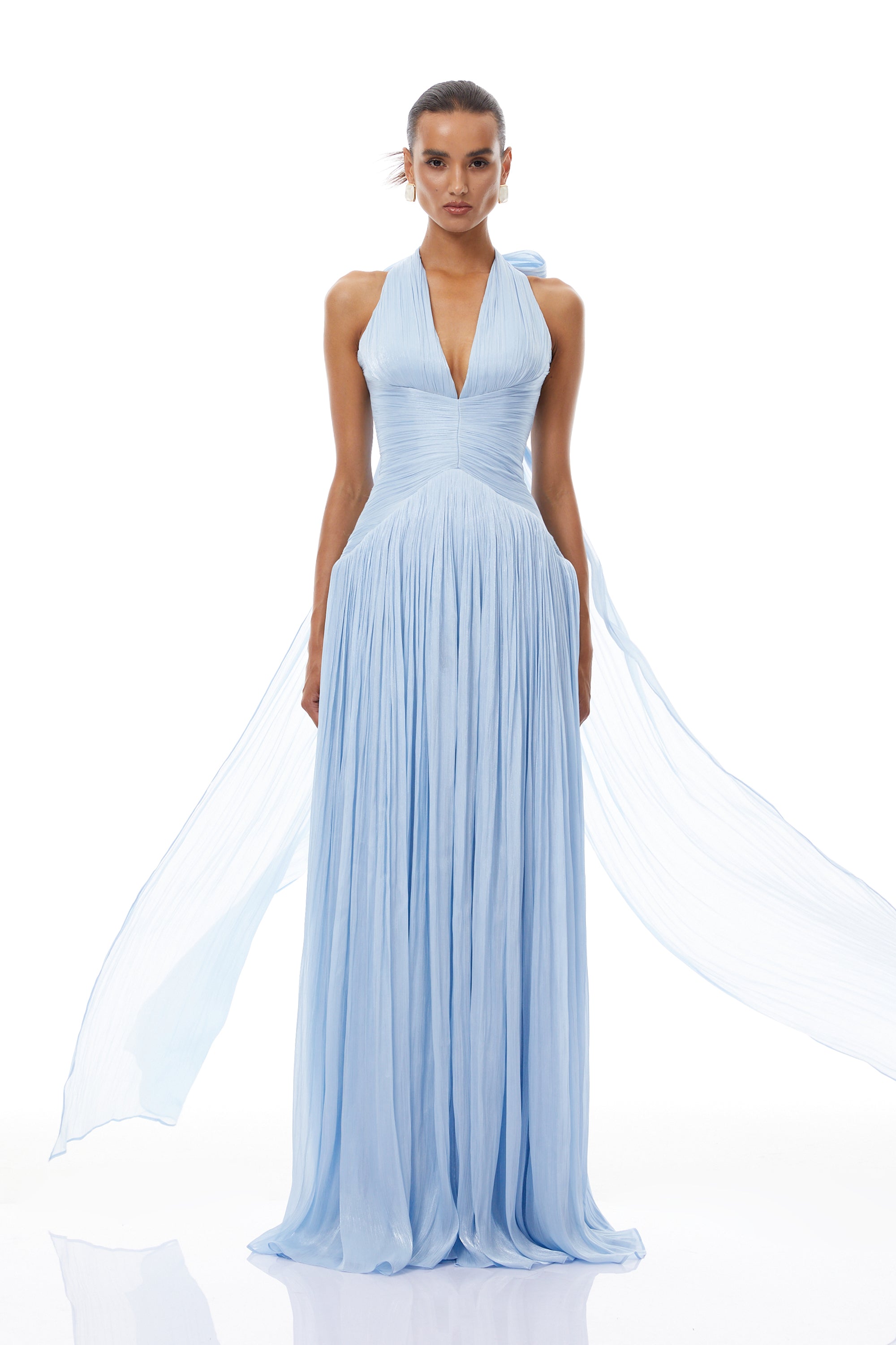 Blue Glossy Gathered Maxi Dress