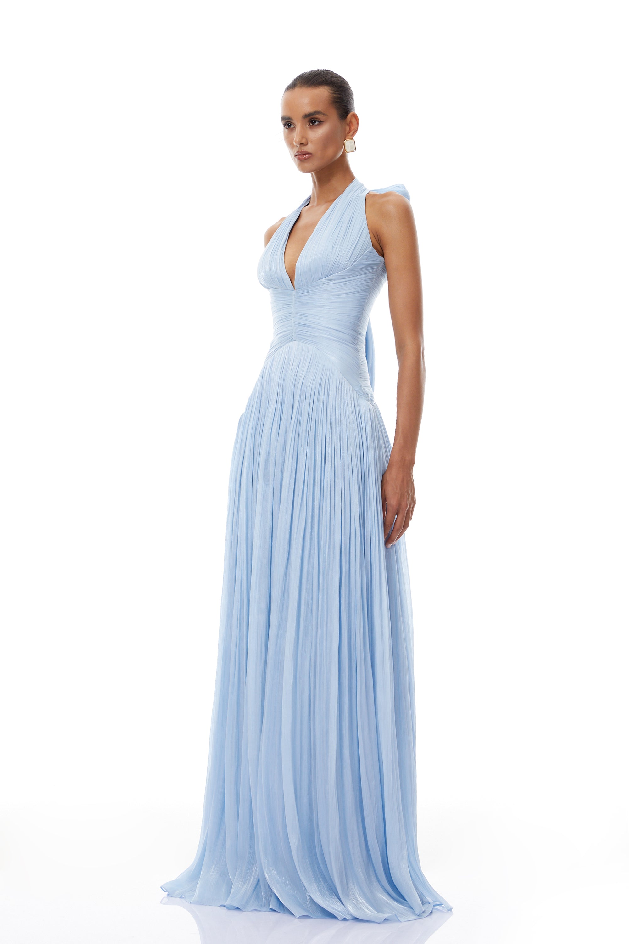 Blue Glossy Gathered Maxi Dress