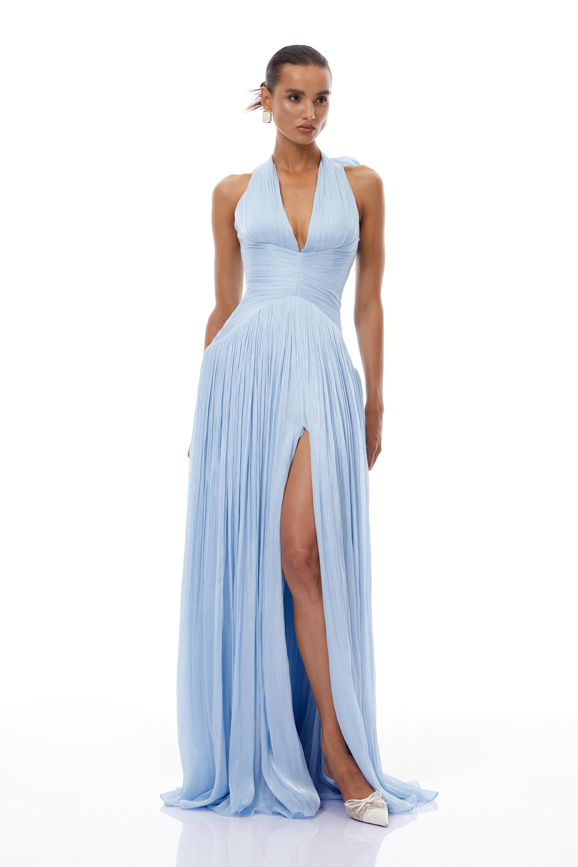 Blue Glossy Gathered Maxi Dress