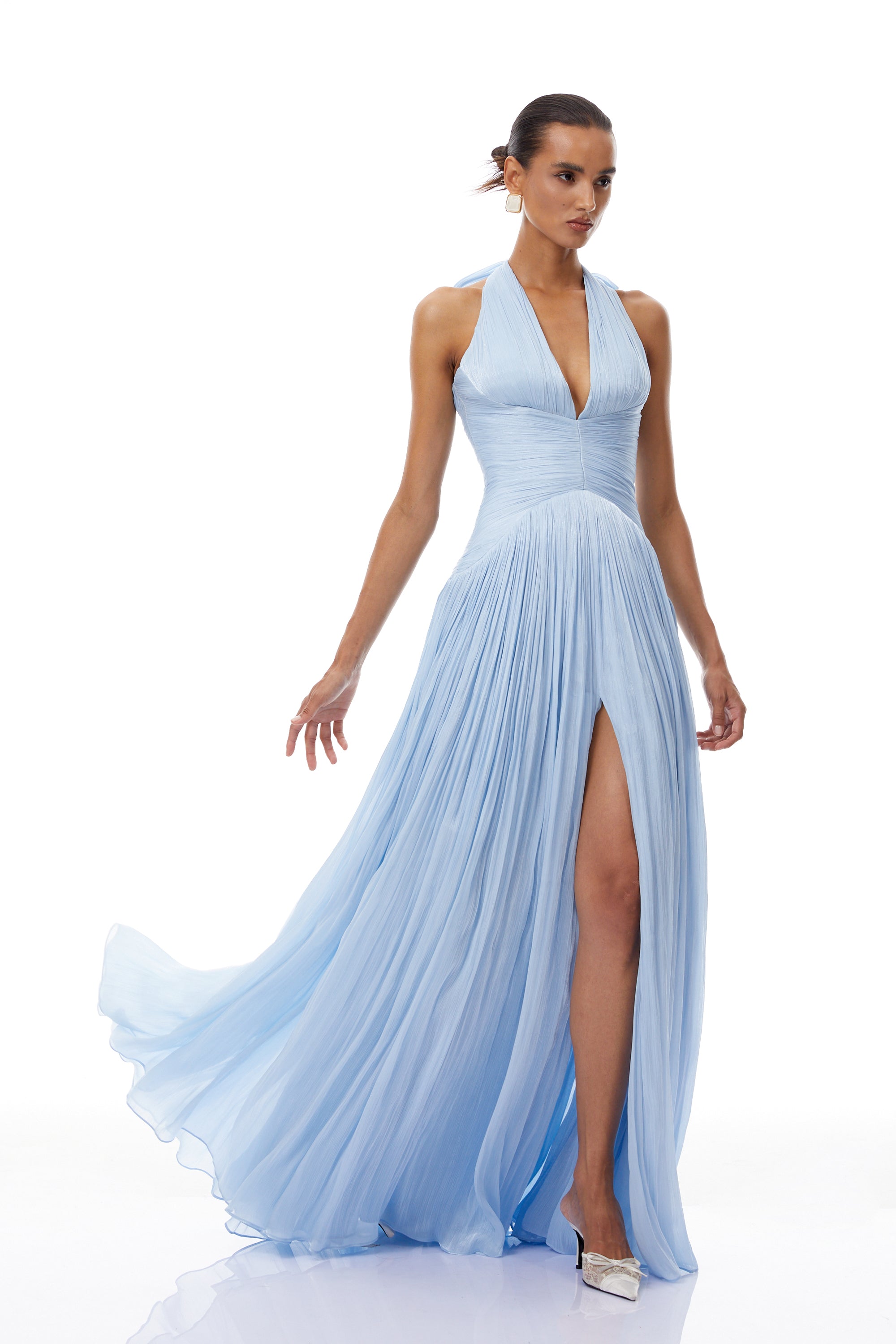 Blue Glossy Gathered Maxi Dress