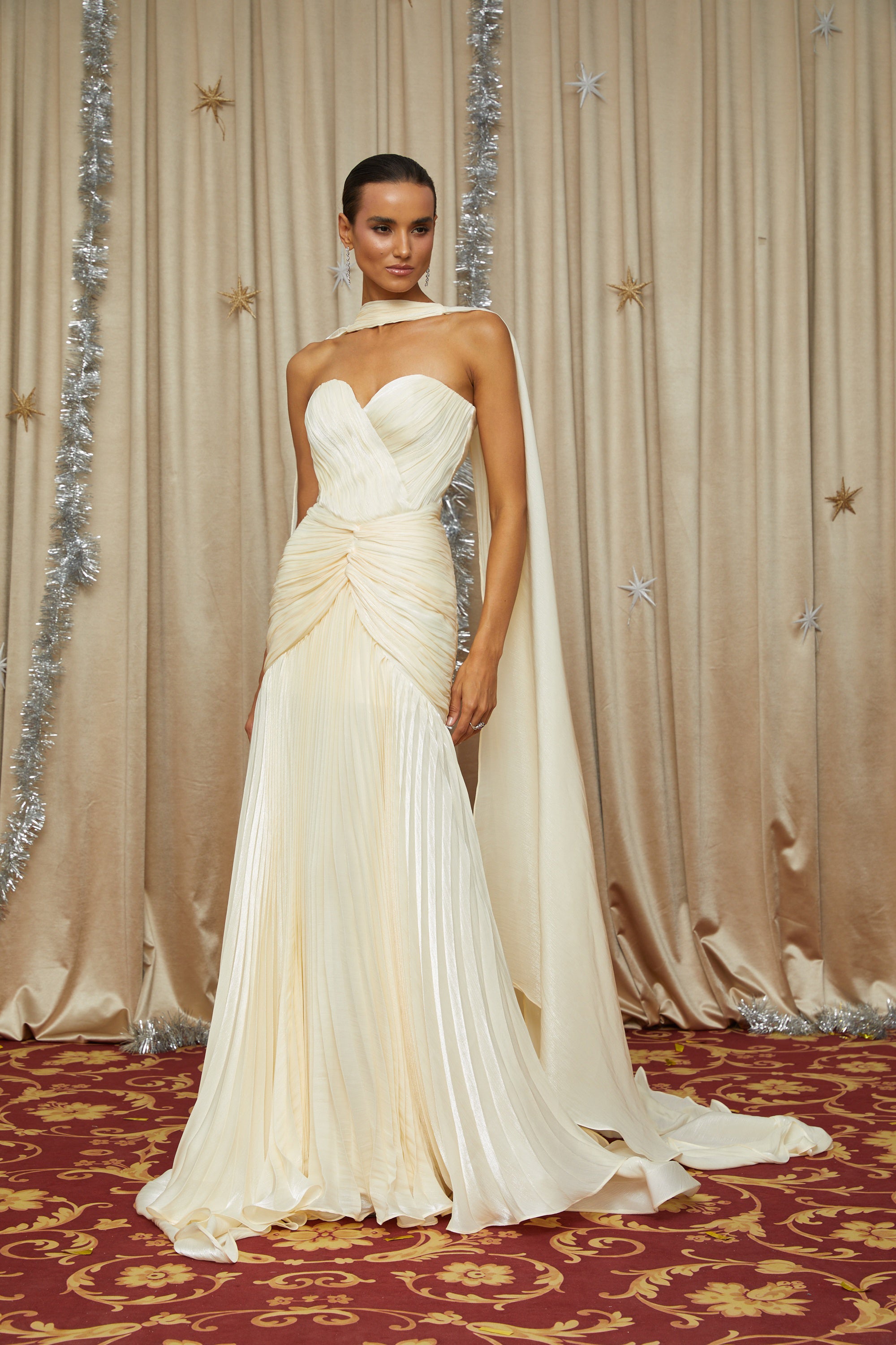 Yellow Cinched Waist Ruched Maxi Dress