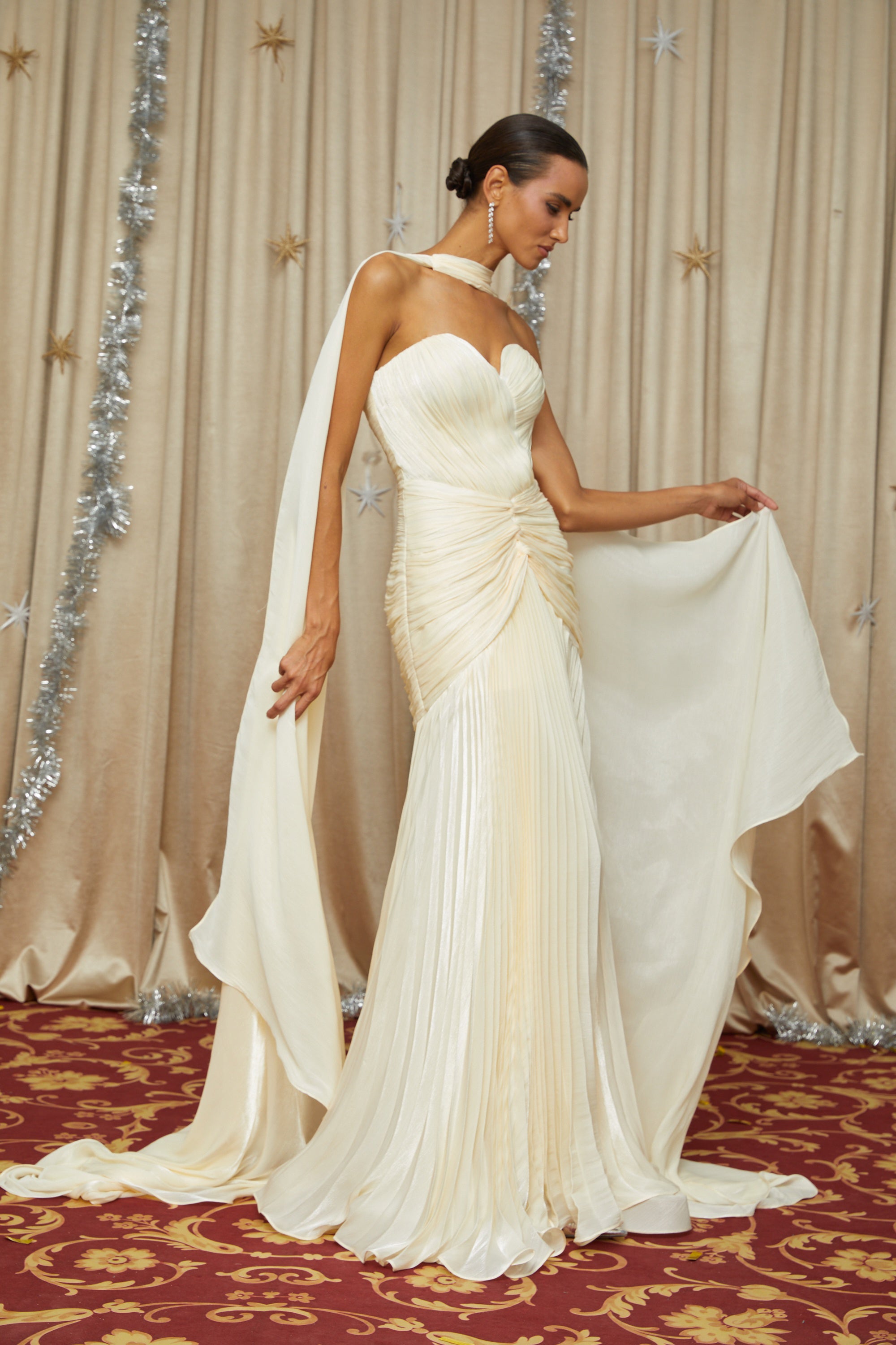 Yellow Cinched Waist Ruched Maxi Dress