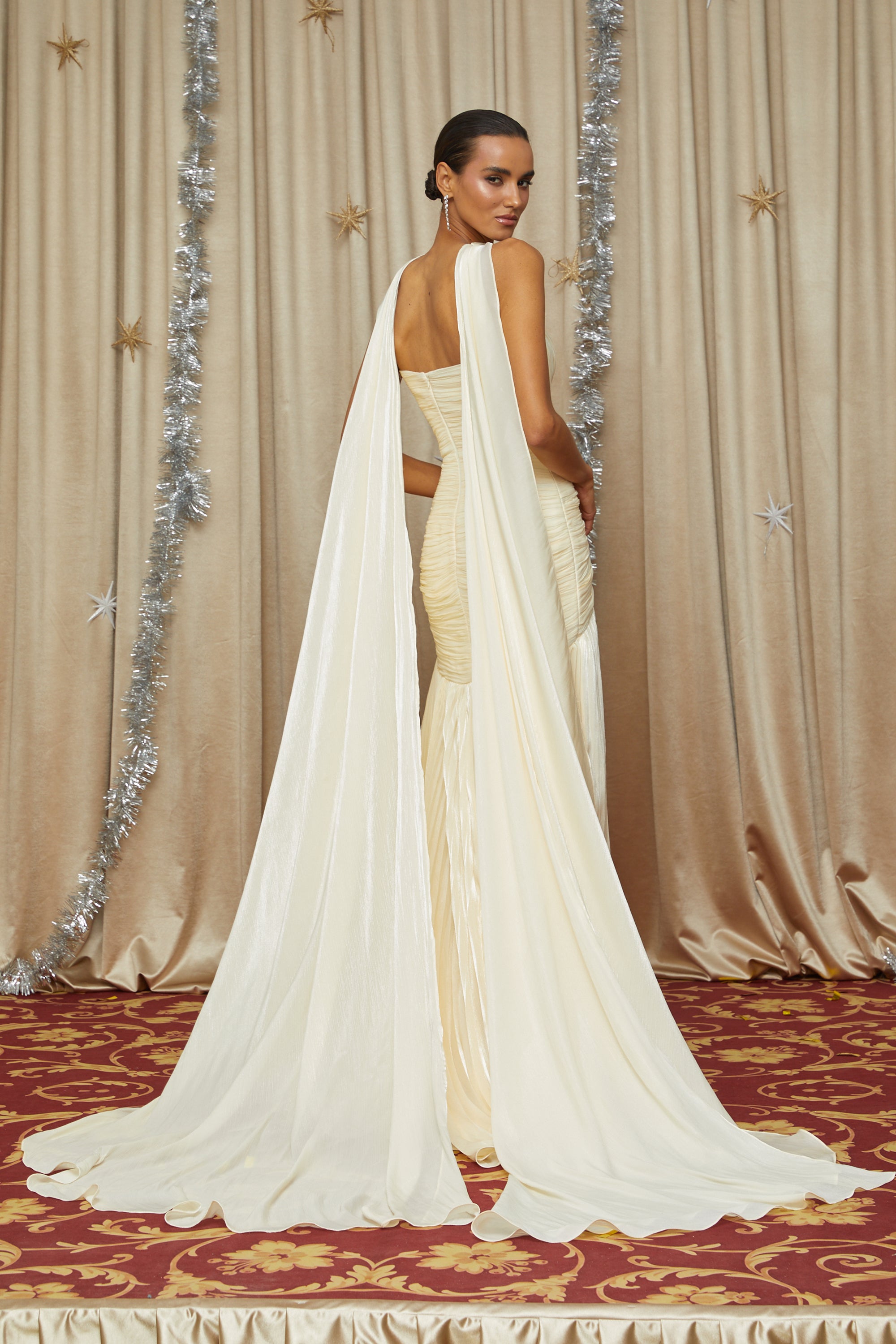 Yellow Cinched Waist Ruched Maxi Dress