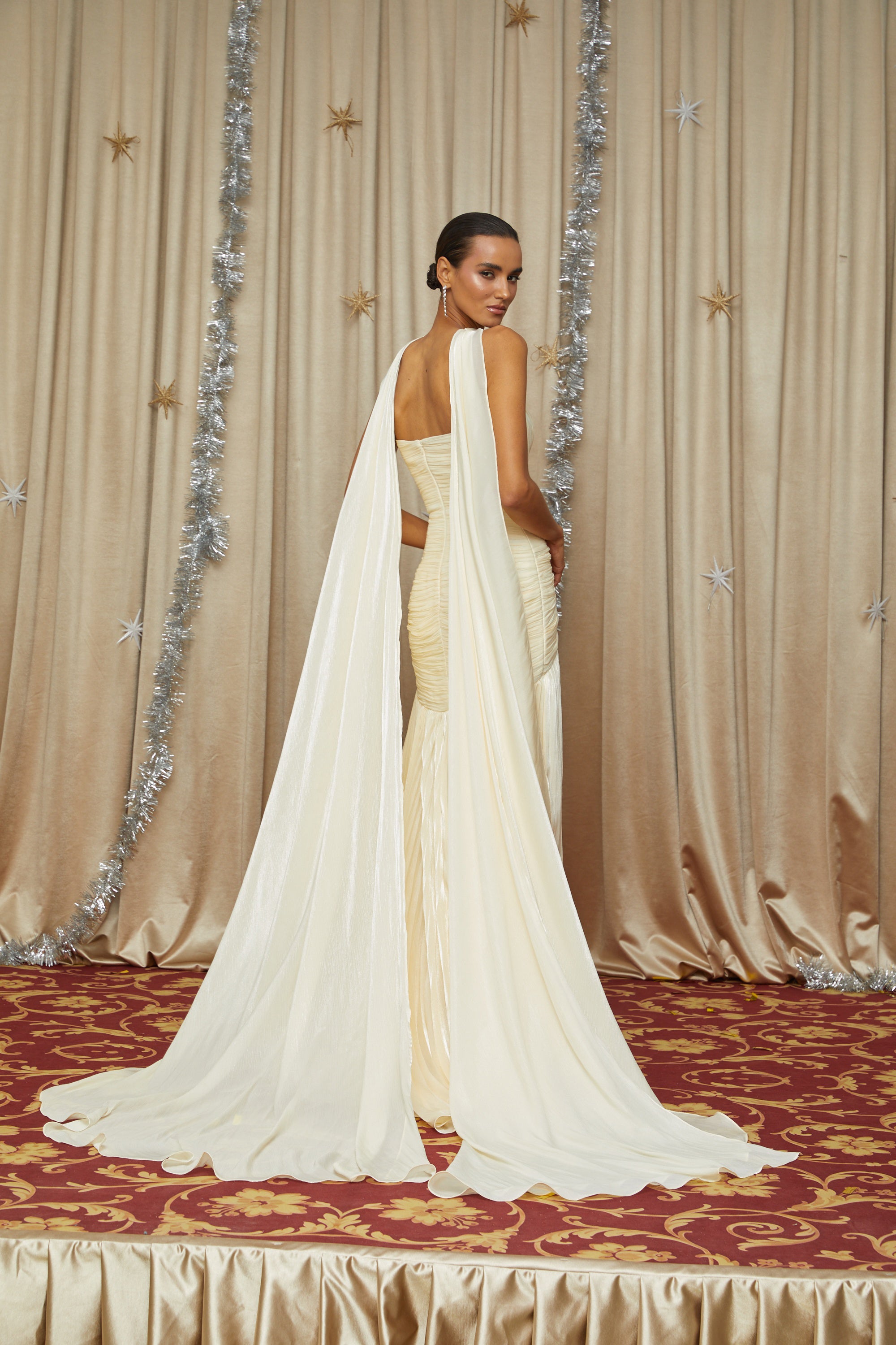 Yellow Cinched Waist Ruched Maxi Dress
