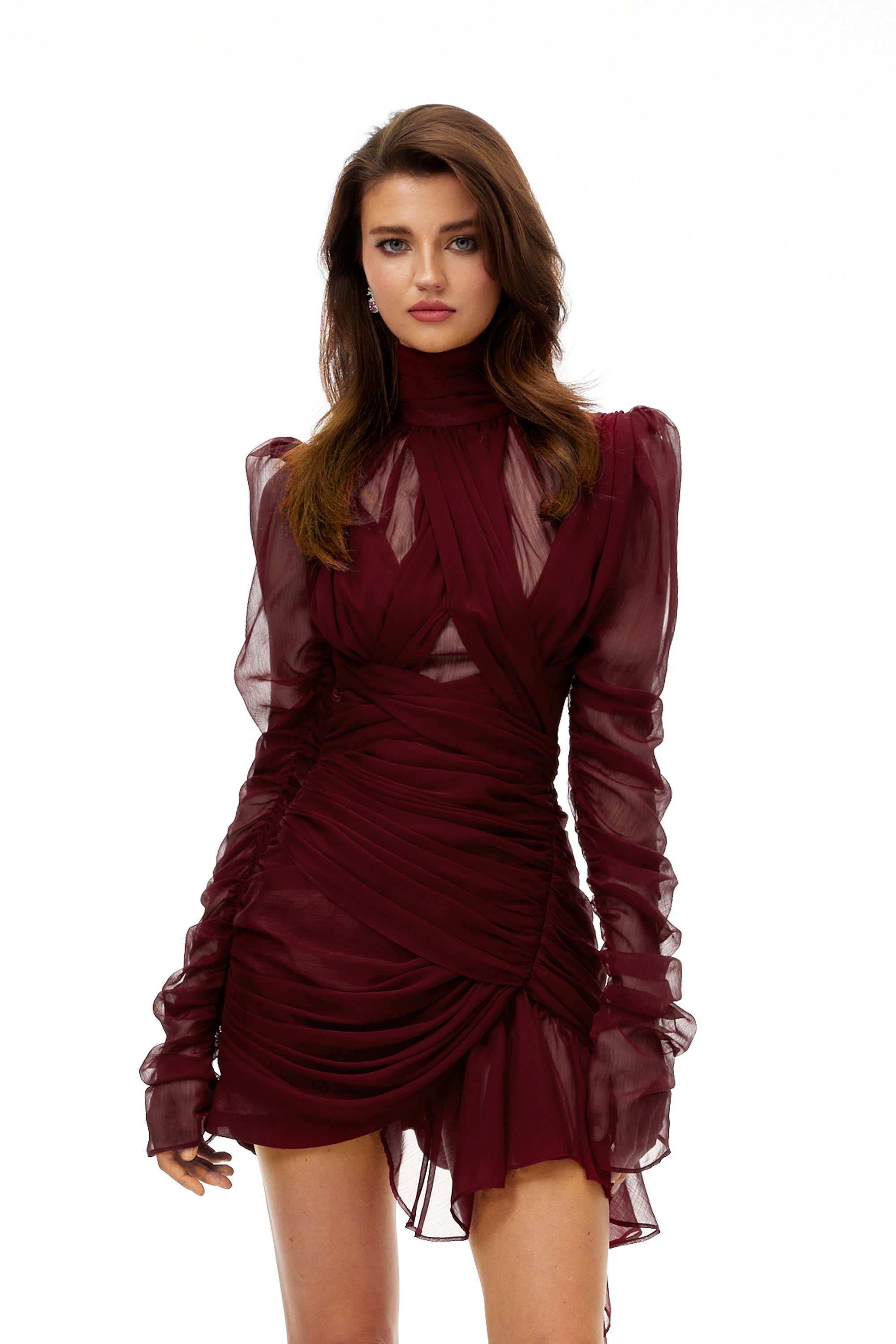 Burgundy Asymmetrical Ruched Mini Dress