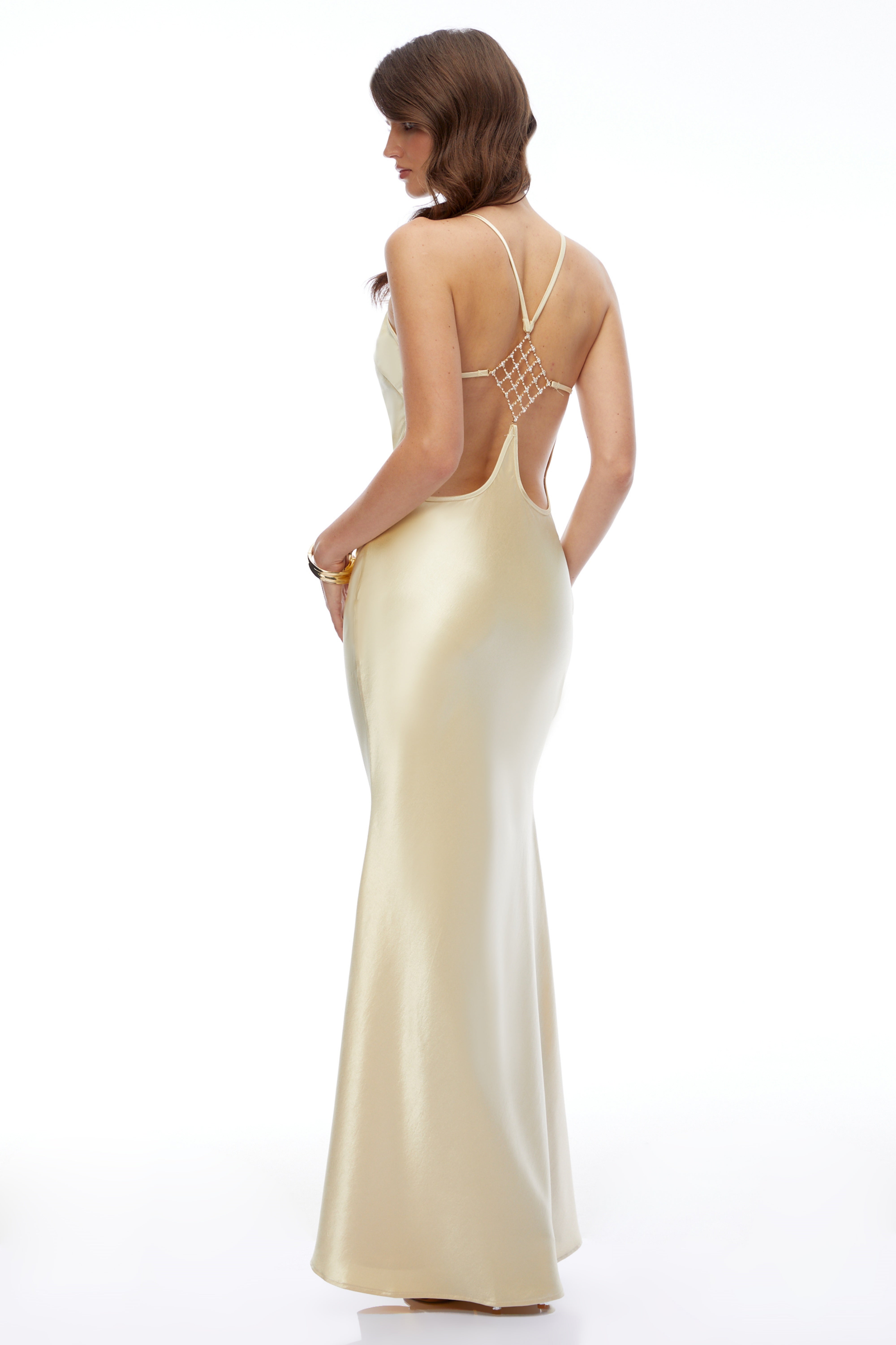 Gold satin halter maxi gown with latticed open back