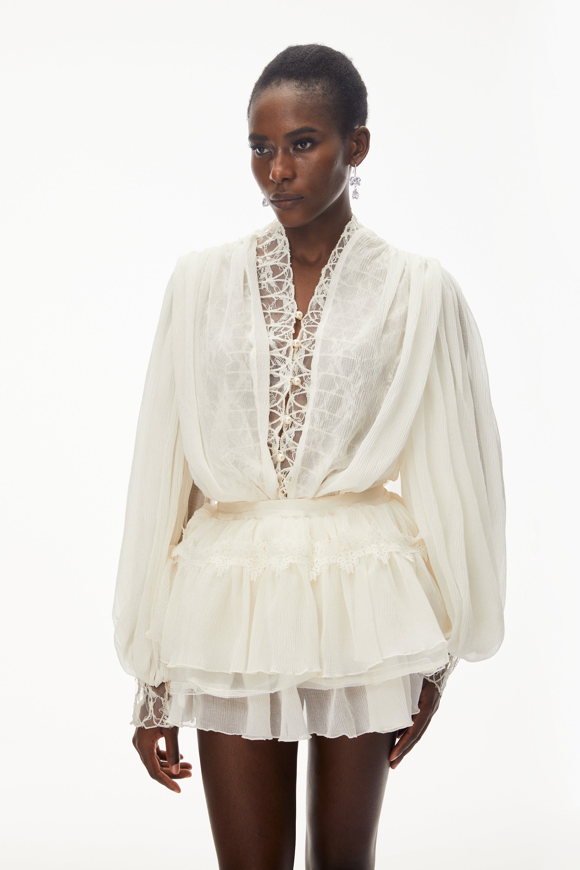 White Lace Pleated Mini Dress with Lantern Sleeves and Ruffles