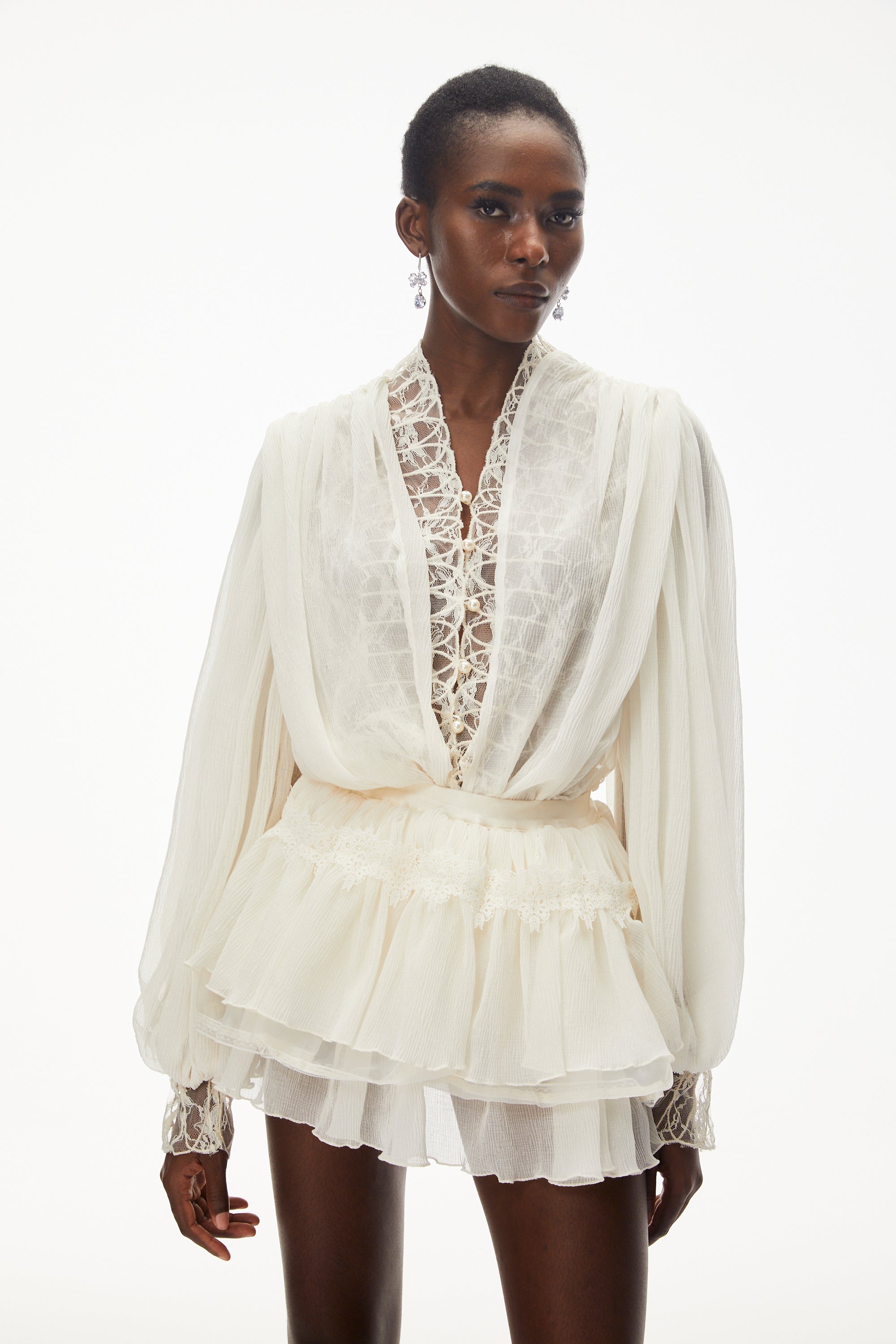 White Lace Pleated Mini Dress with Lantern Sleeves and Ruffles