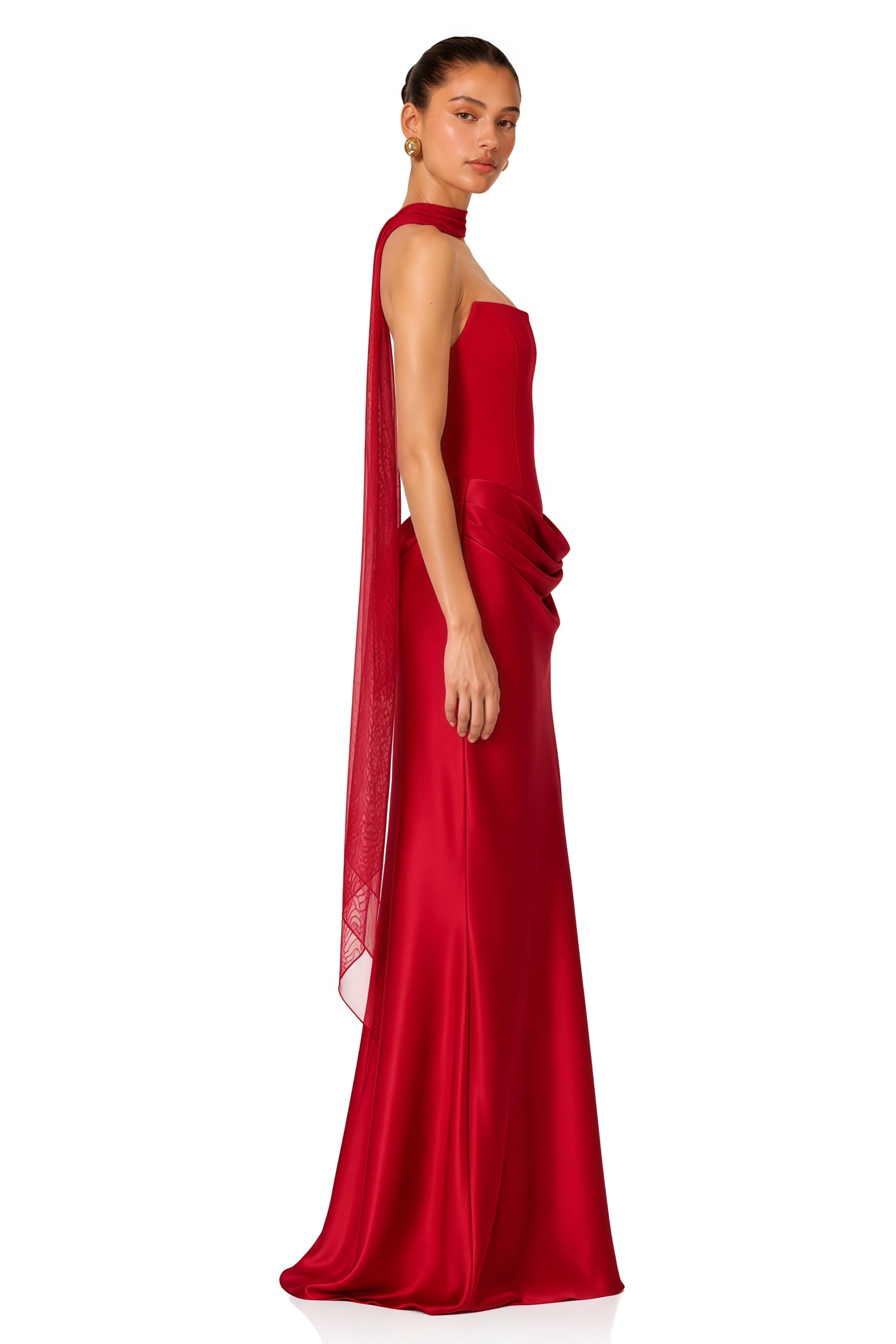 Berit Red Scarf Off Shoulder Ruched Maxi Dress