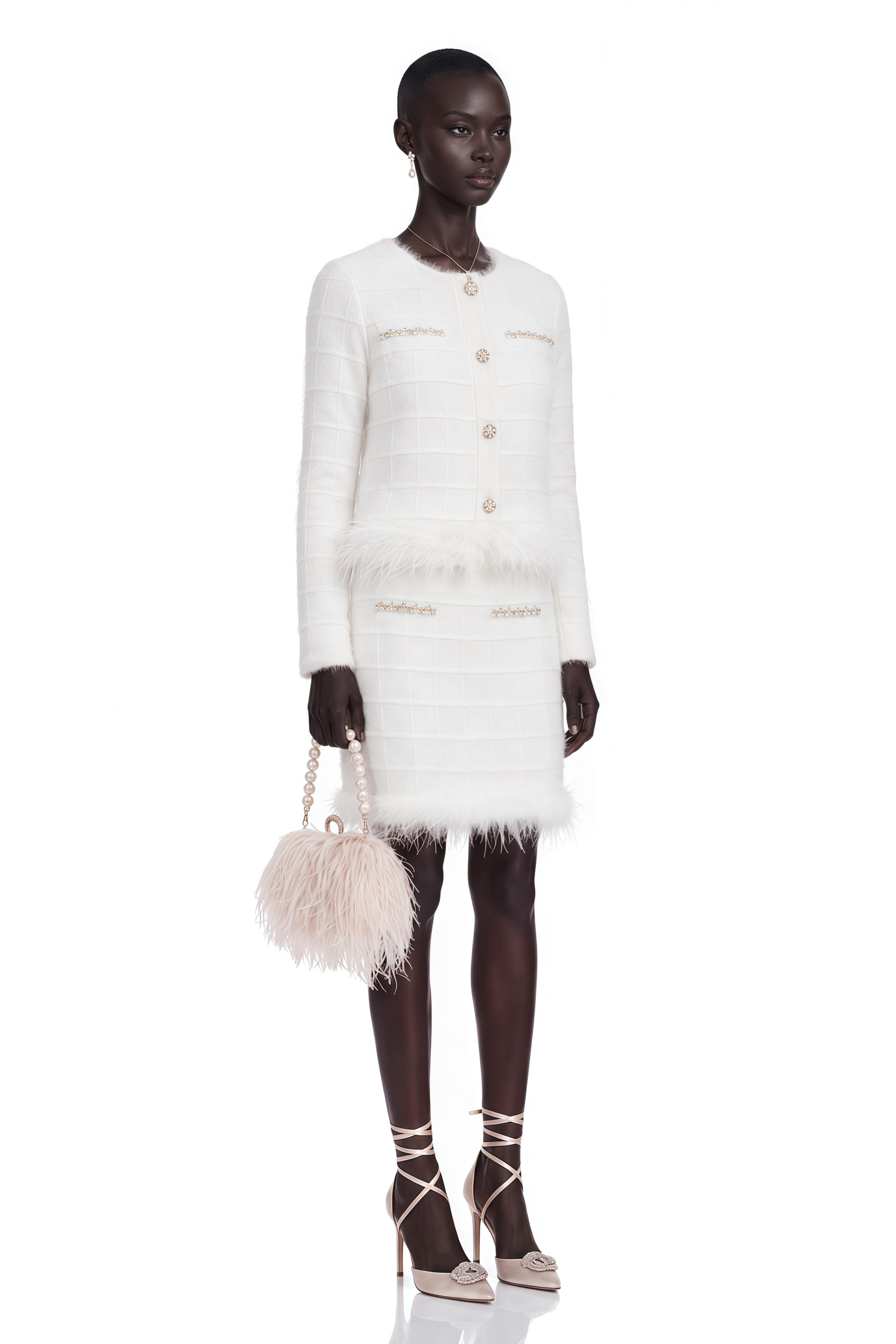 Cora White Feather Waffle Knit Cardigan & Skirt Matching Set