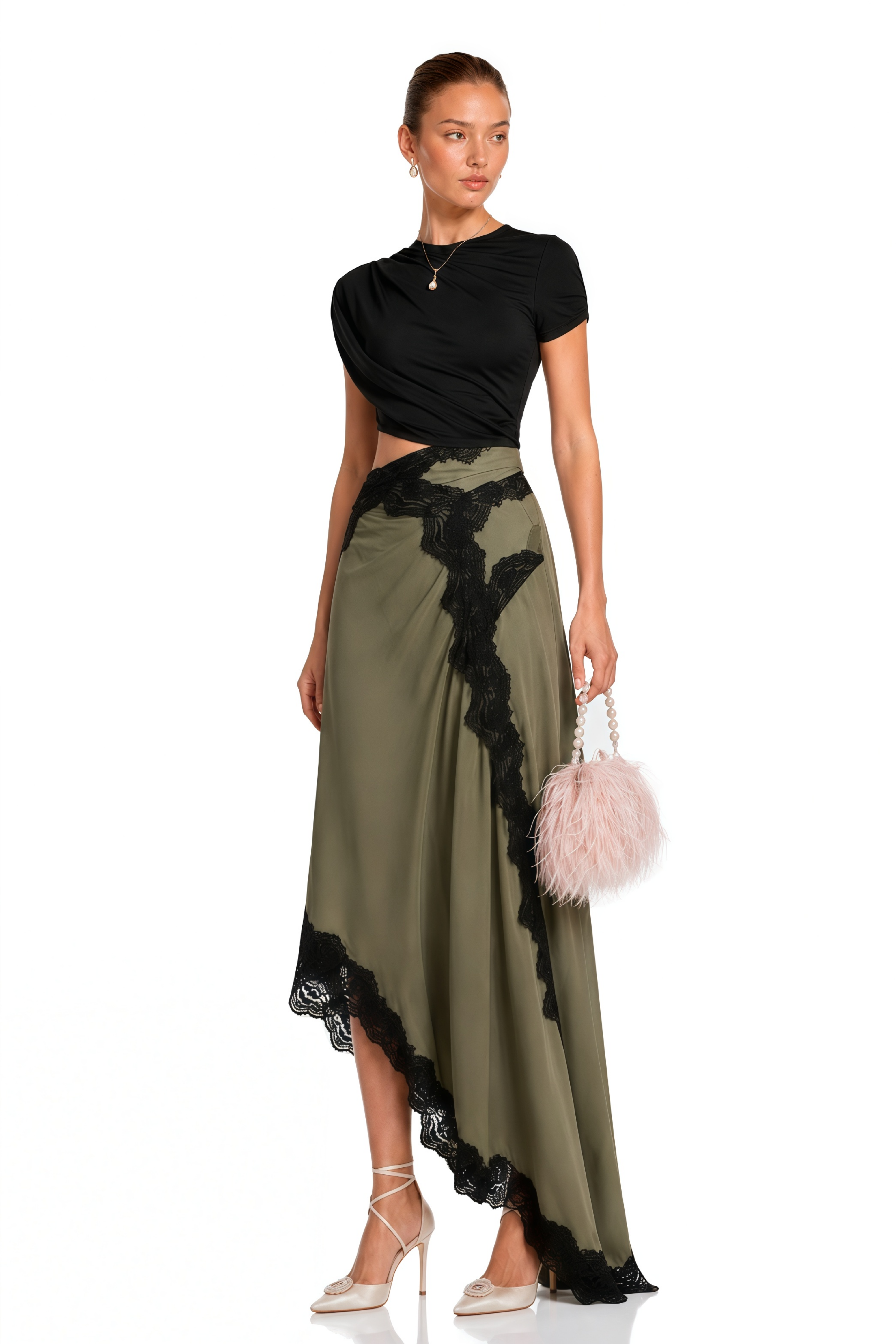 Fiamma Black Gathered Lace Panel Maxi Dress