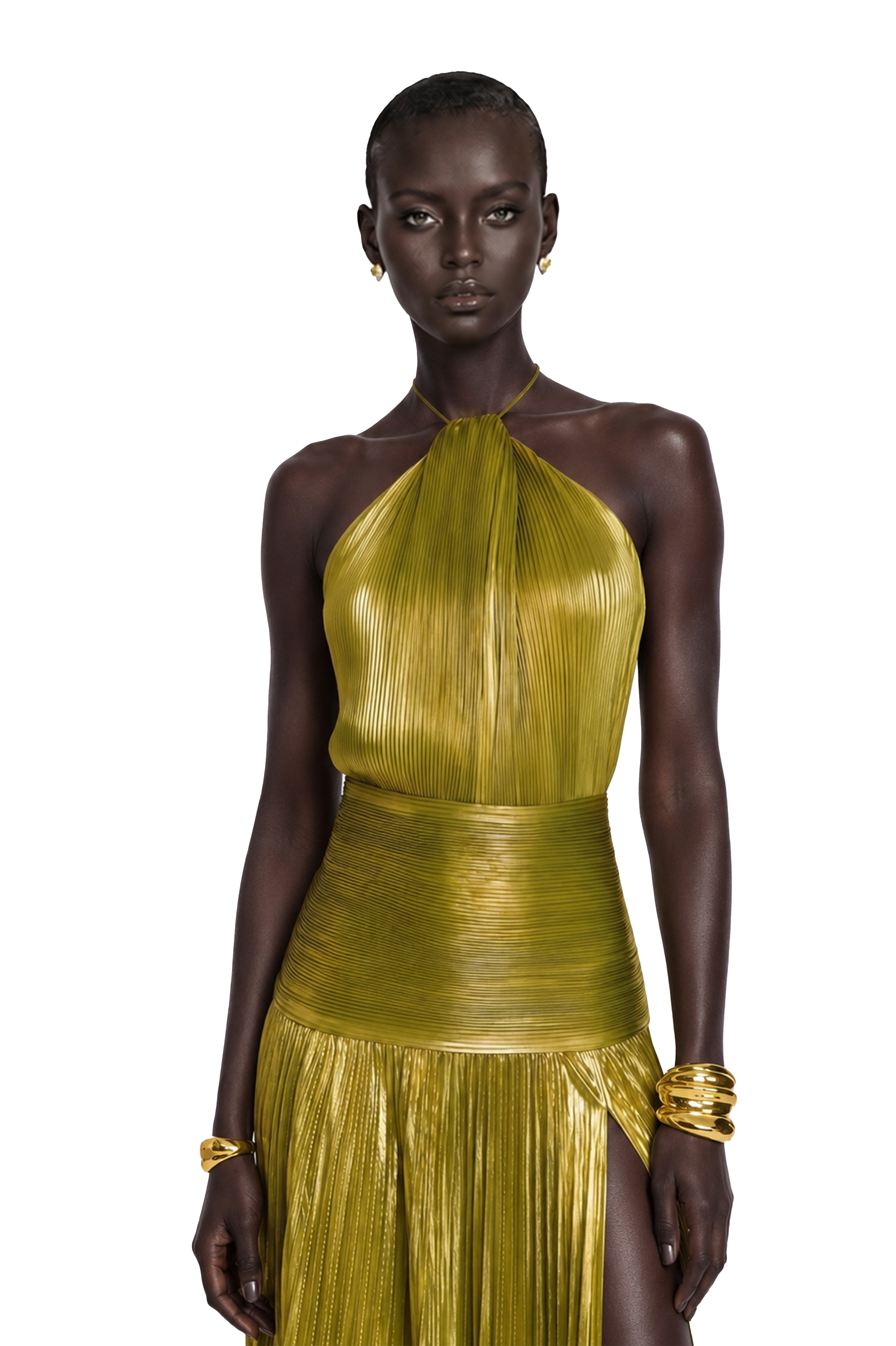 Olive green metallic halter gown with a pleated skirt and high slit