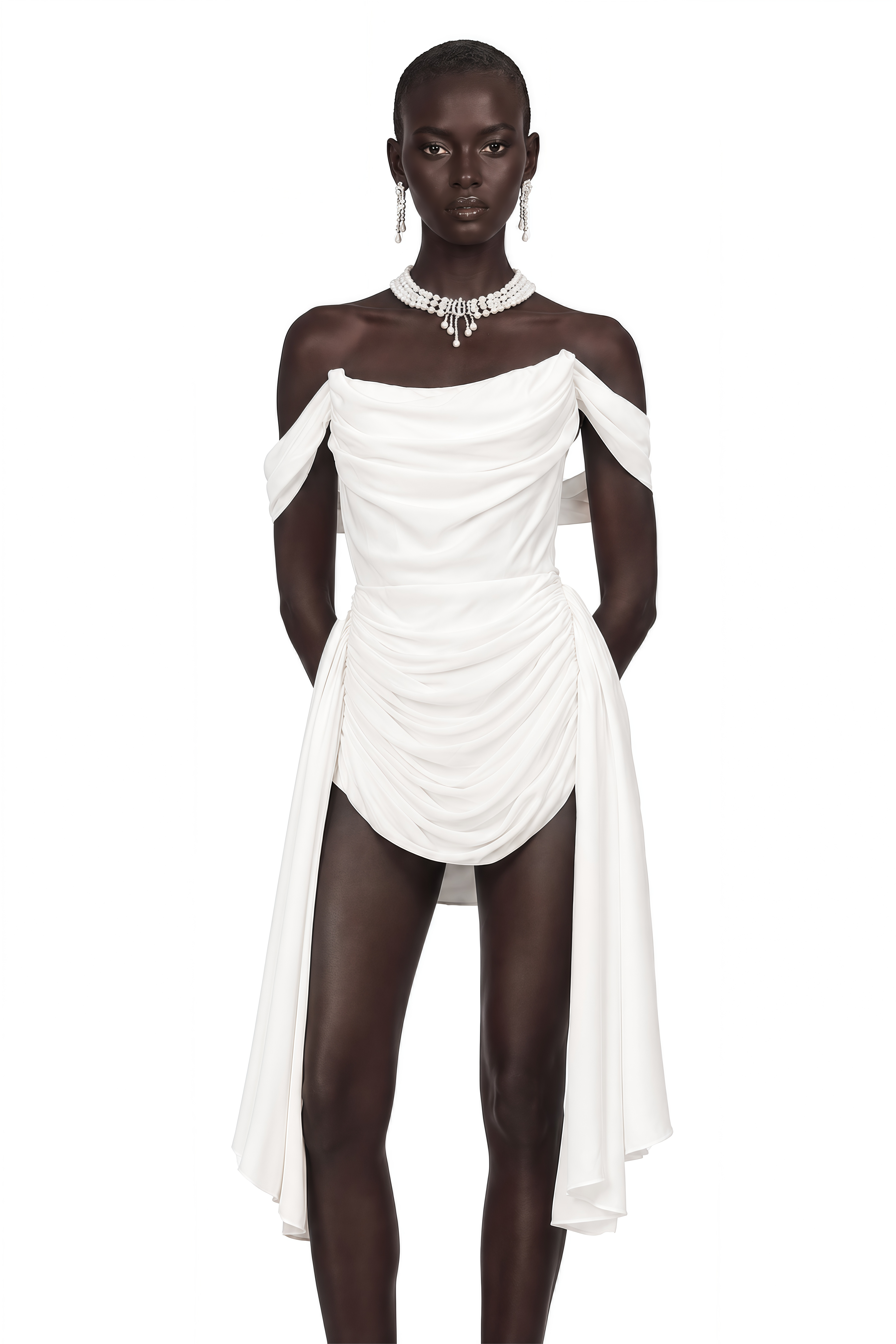 White off-the-shoulder draped mini dress with side panels
