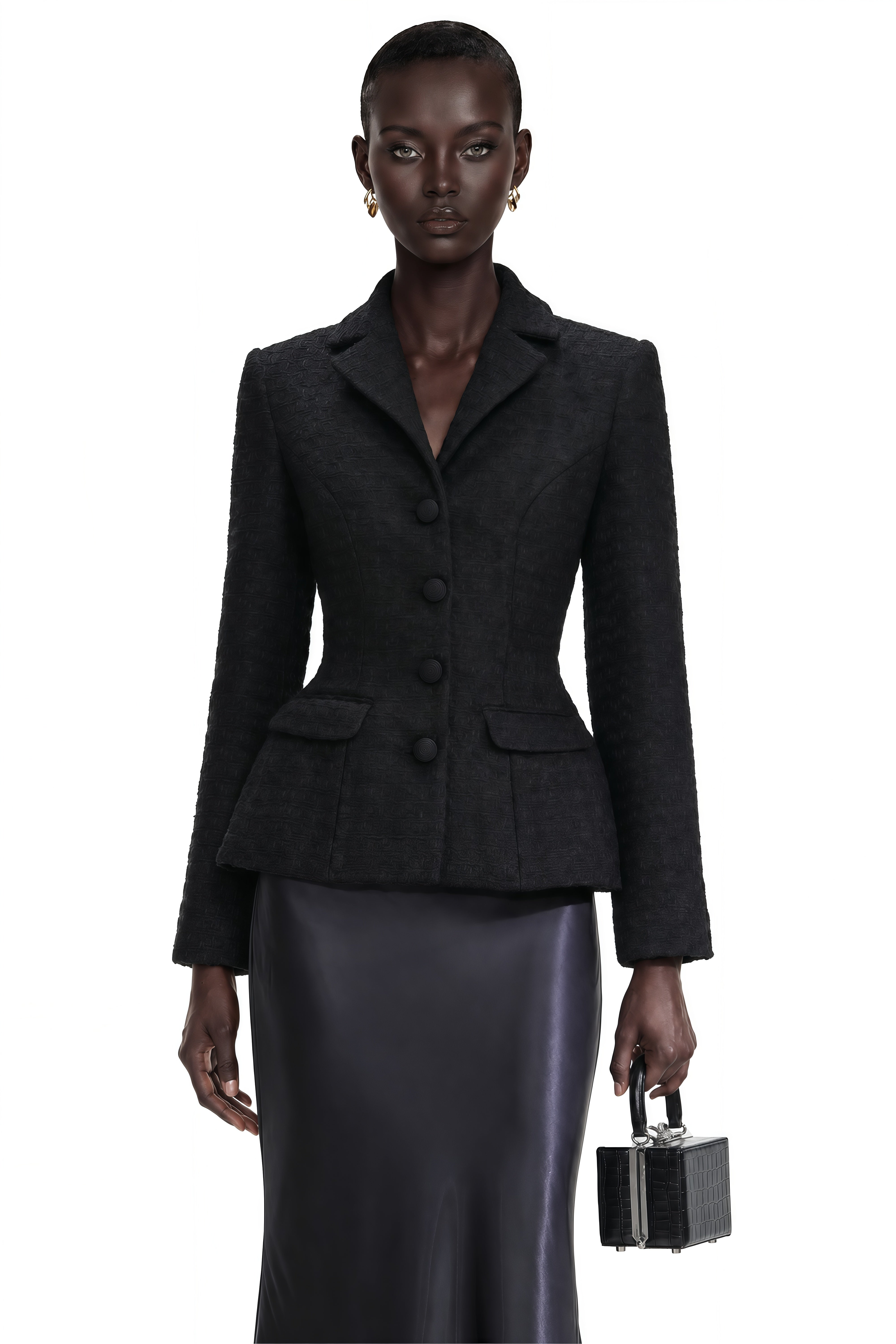 Black blazer paired with a black satin maxi skirt
