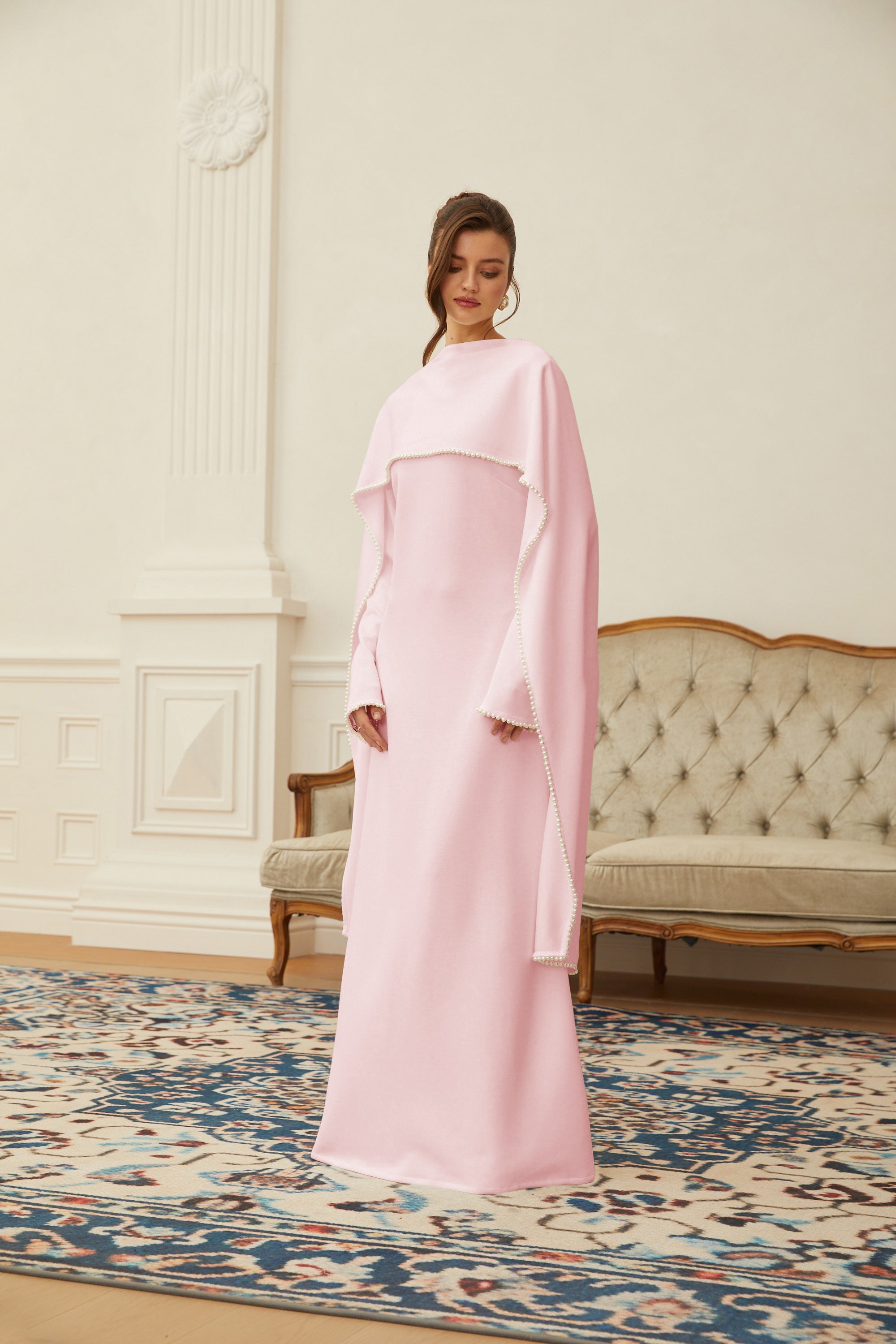 Pale pink long-sleeve maxi dress with a matching beaded cape overlay