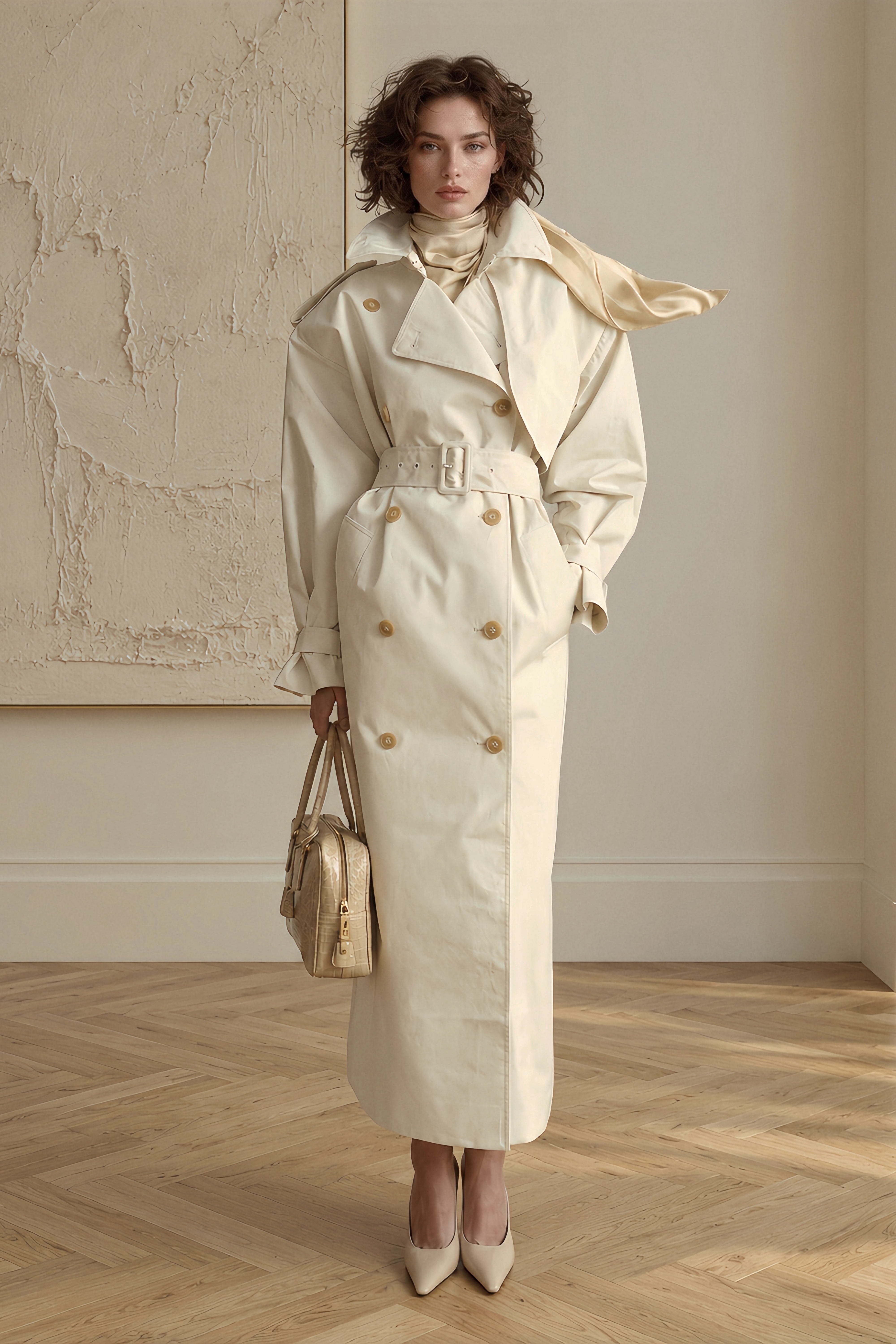 Bruyère White Double-Breasted Long Trench Coat