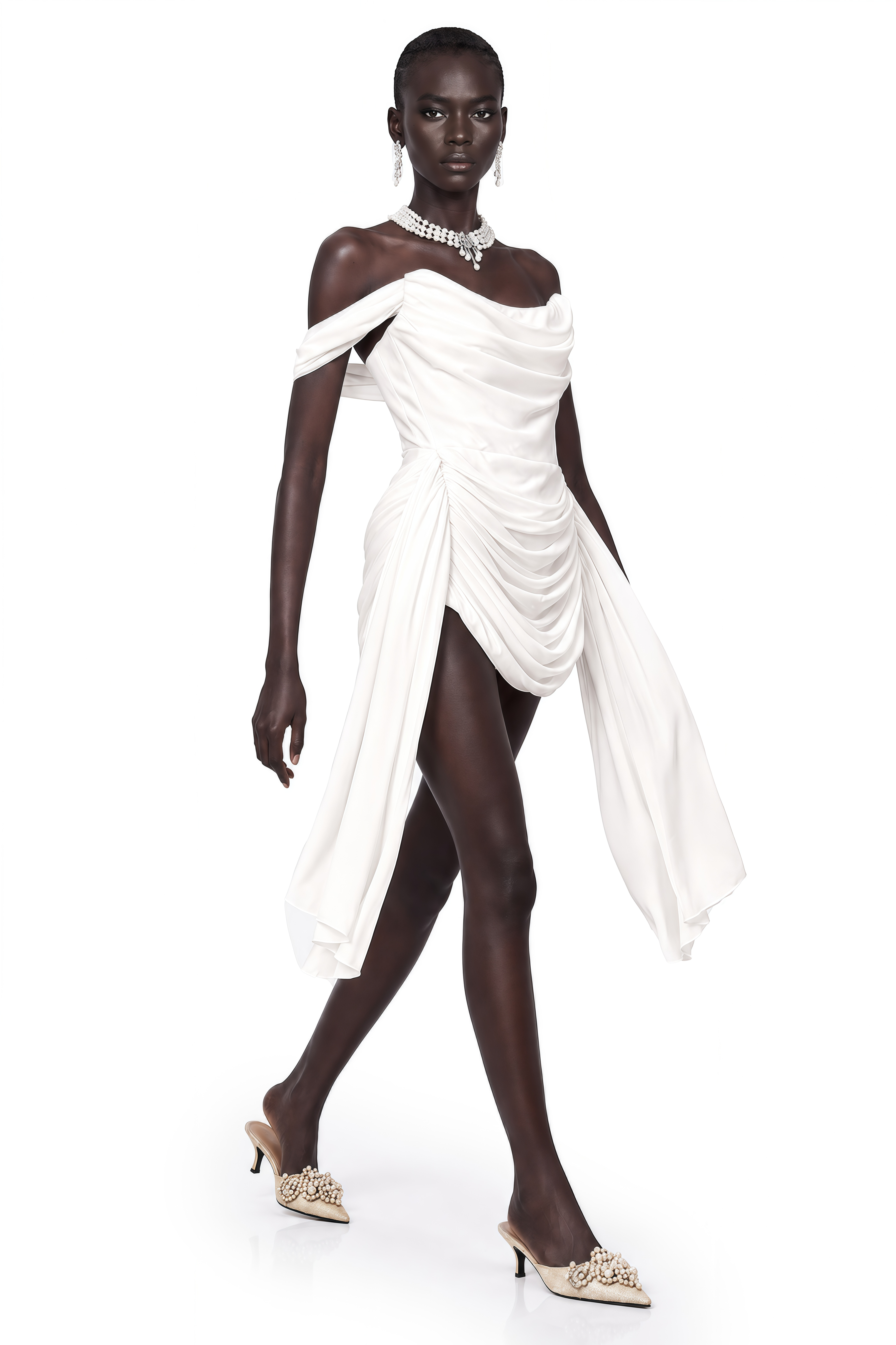 White off-the-shoulder draped mini dress with side panels
