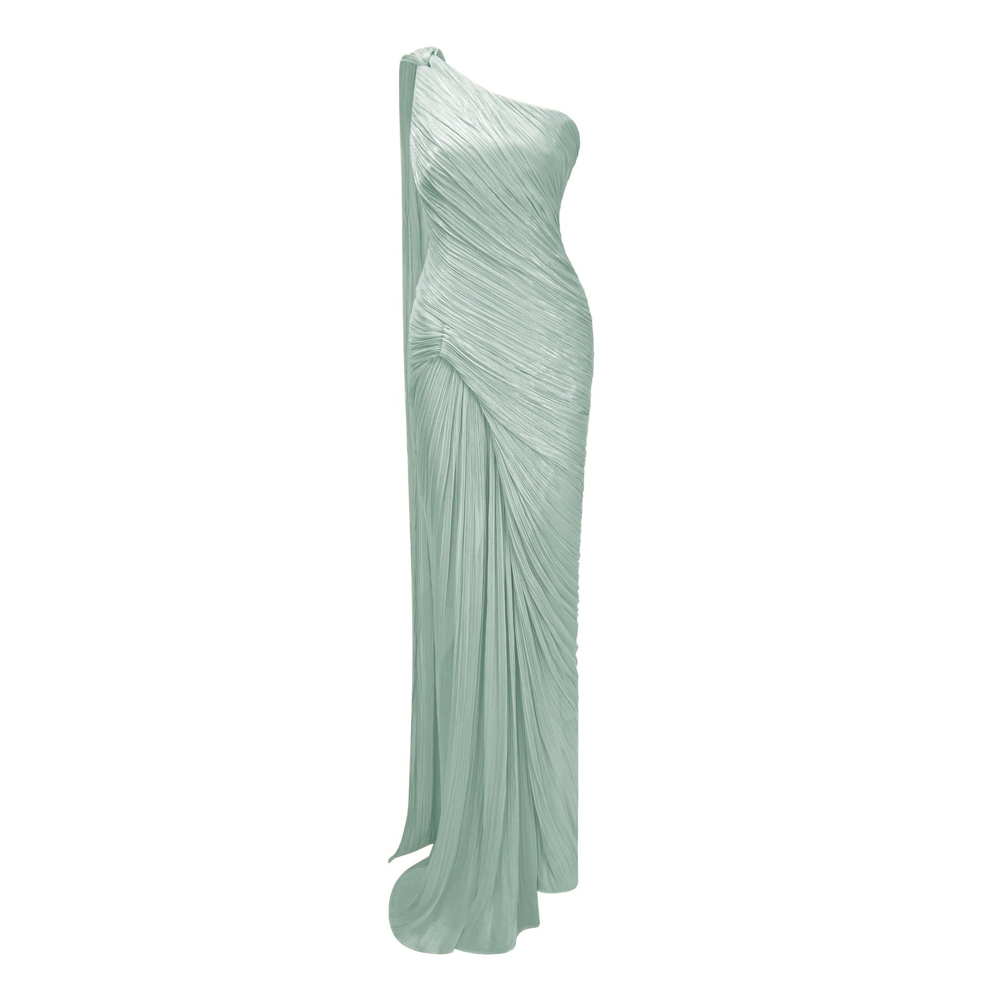 Light green one-shoulder pleated maxi dress with a high slit