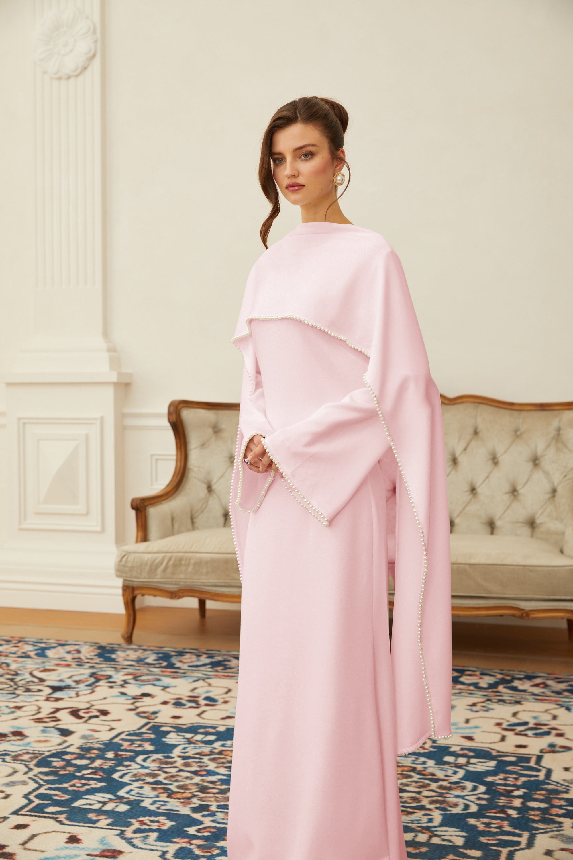 Pale pink long-sleeve maxi dress with a matching beaded cape overlay