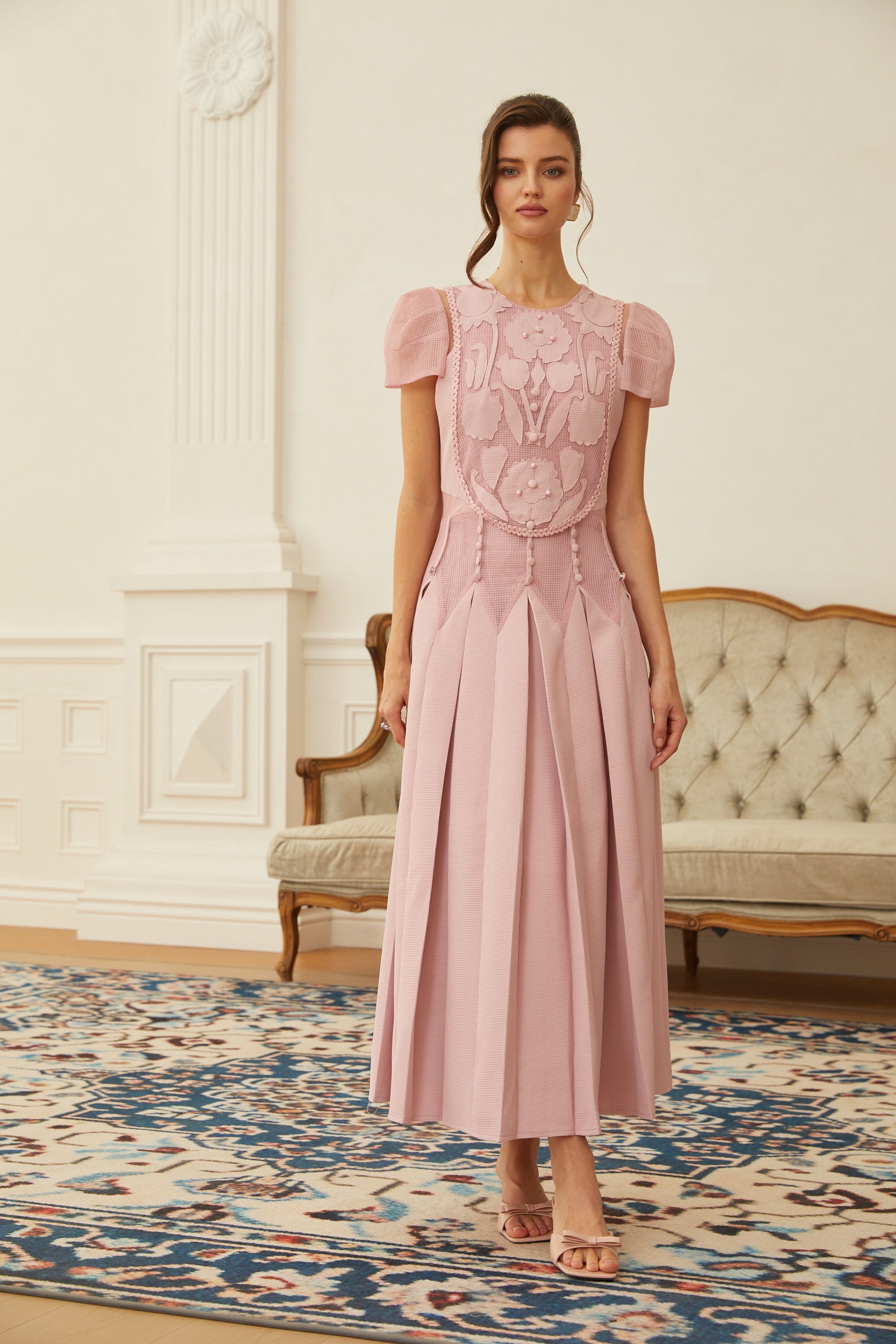 Pink Flower Embroidered Maxi Dress