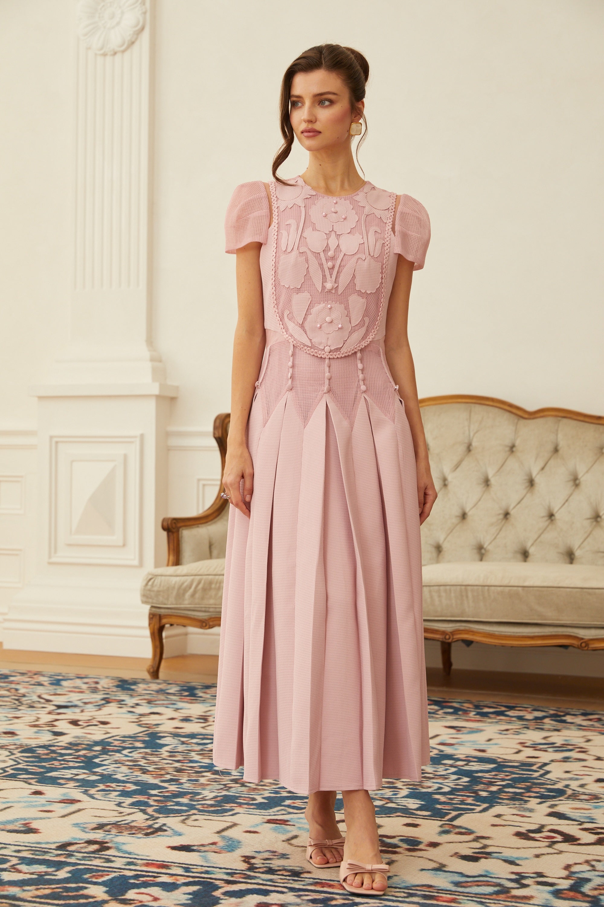 Pink Flower Embroidered Maxi Dress