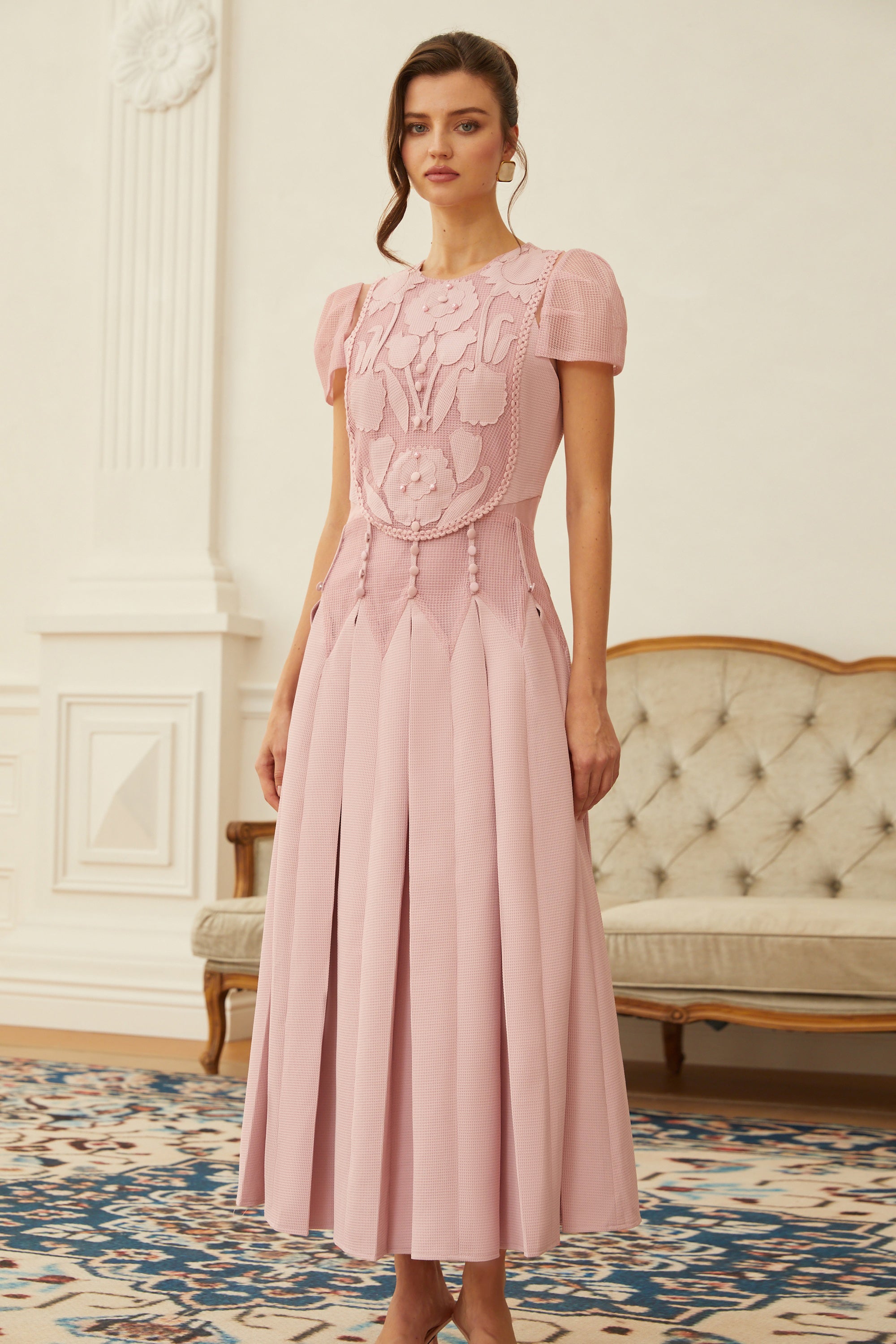 Pink Flower Embroidered Maxi Dress