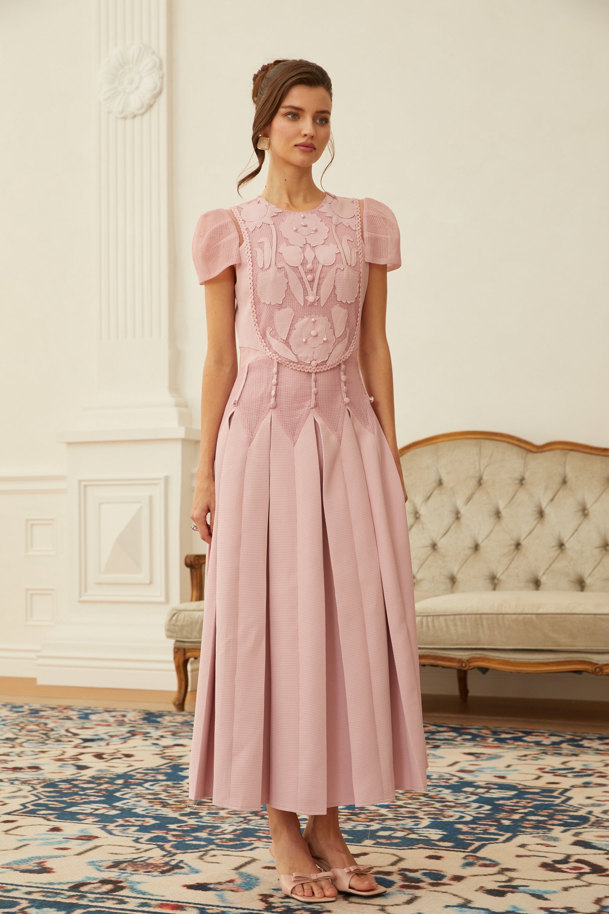 Pink Flower Embroidered Maxi Dress