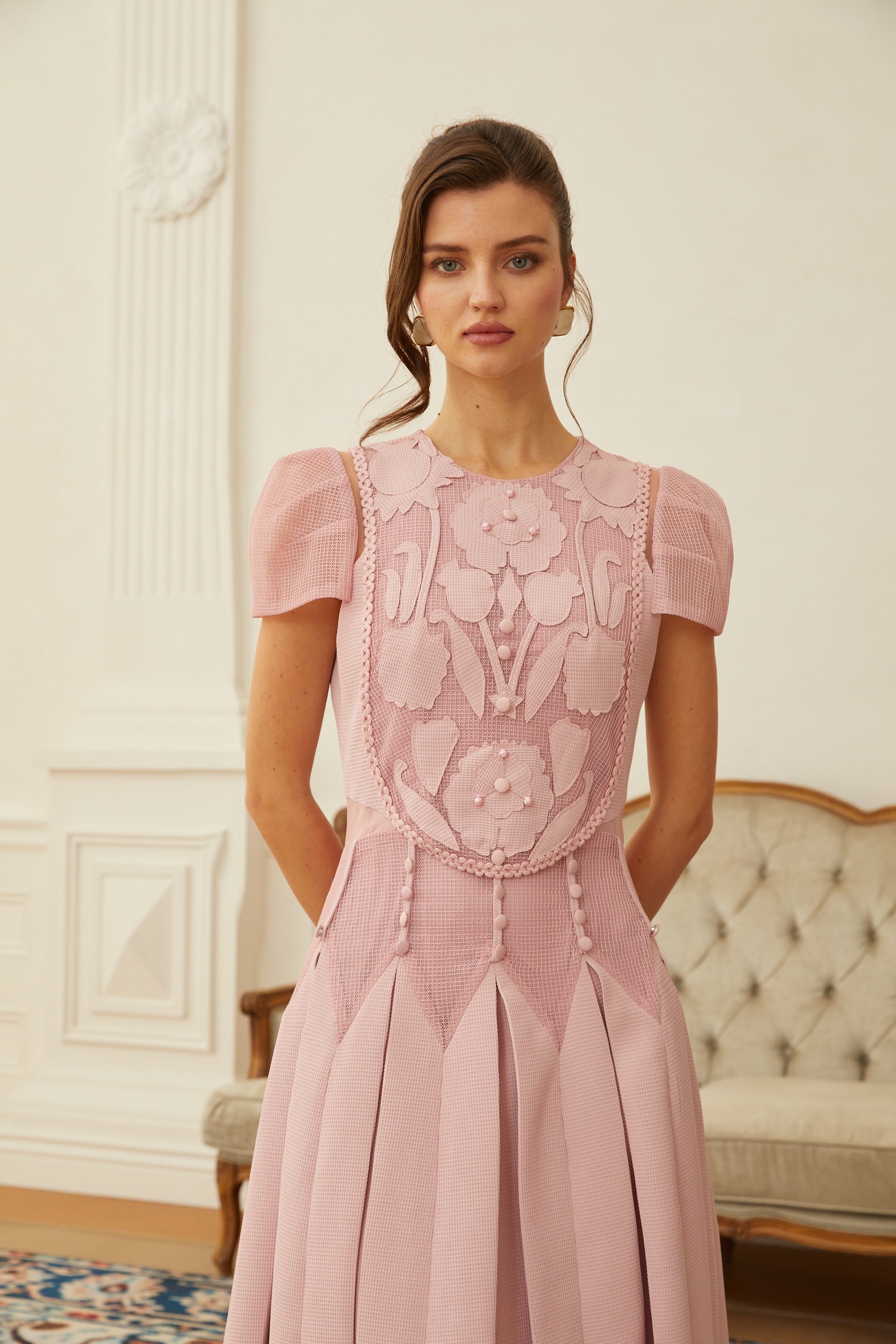 Pink Flower Embroidered Maxi Dress