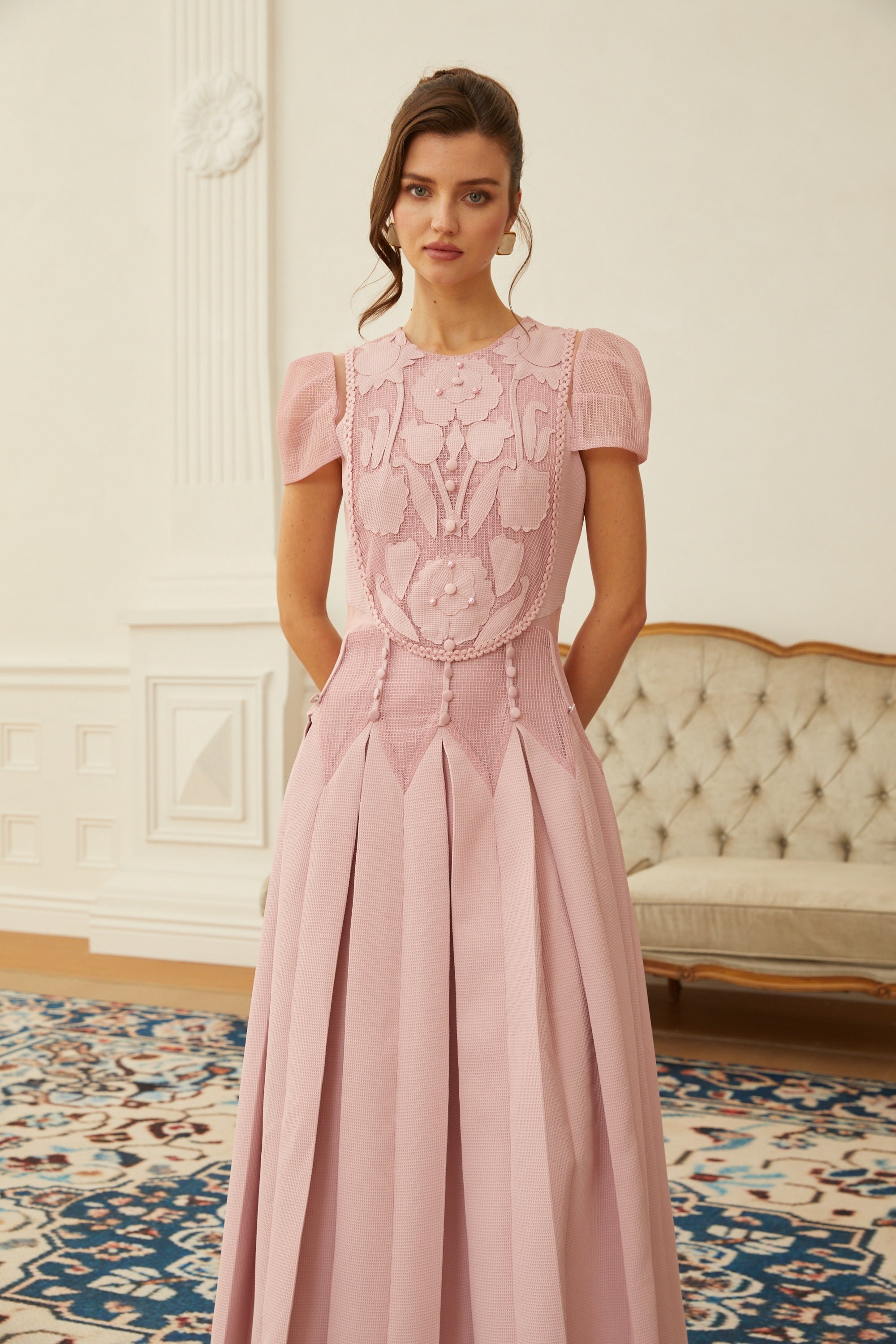 Pink Flower Embroidered Maxi Dress