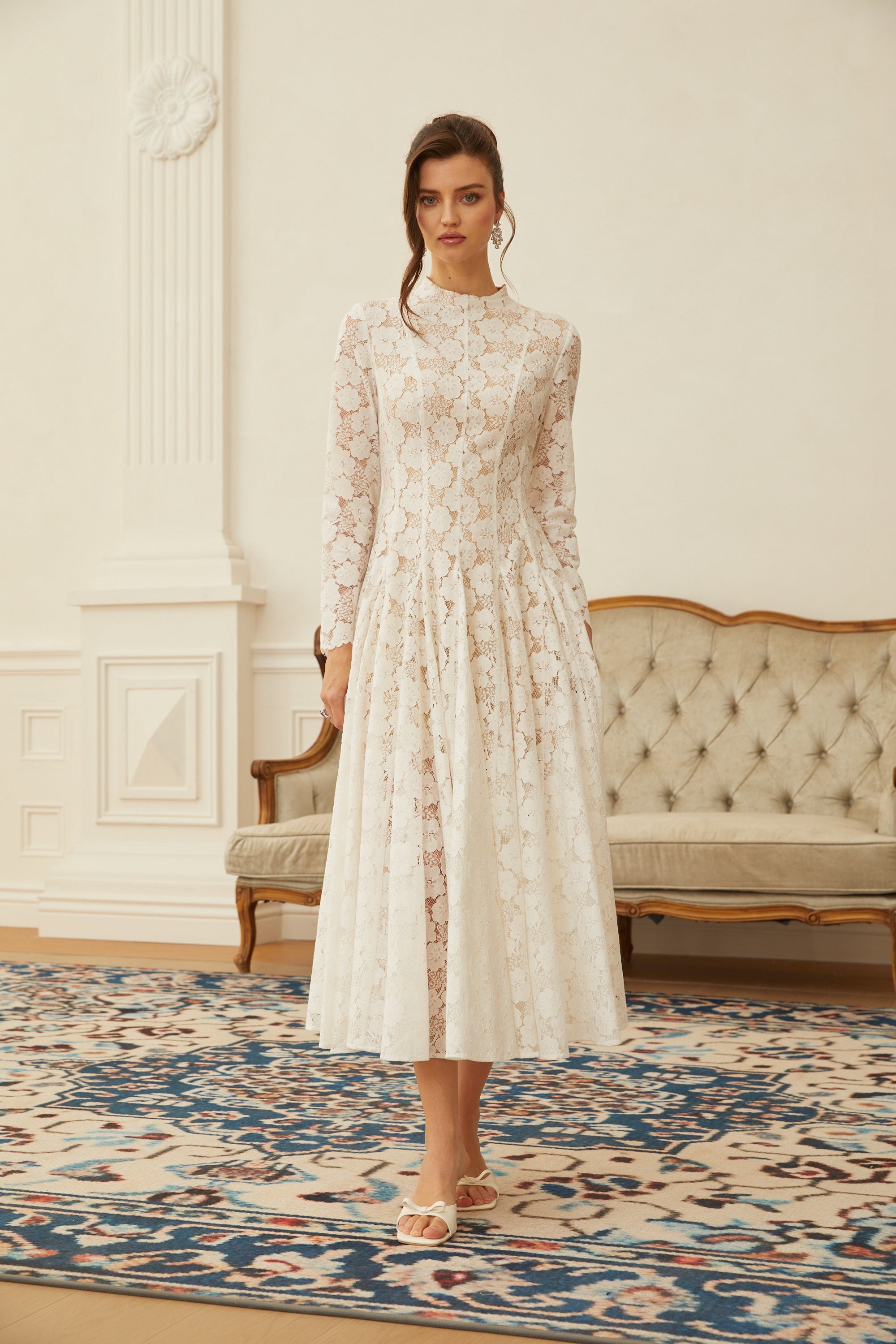 White Pleated Floral Lace Midi Dress