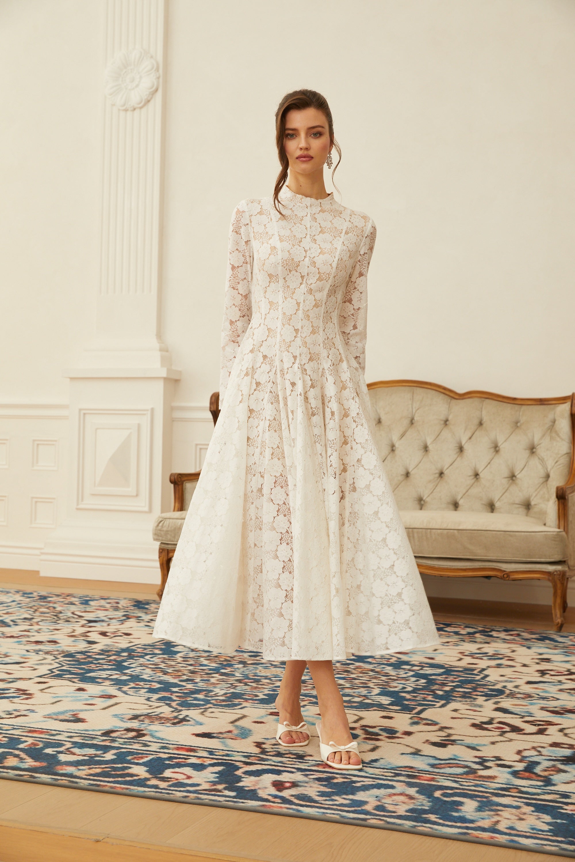 White Pleated Floral Lace Midi Dress
