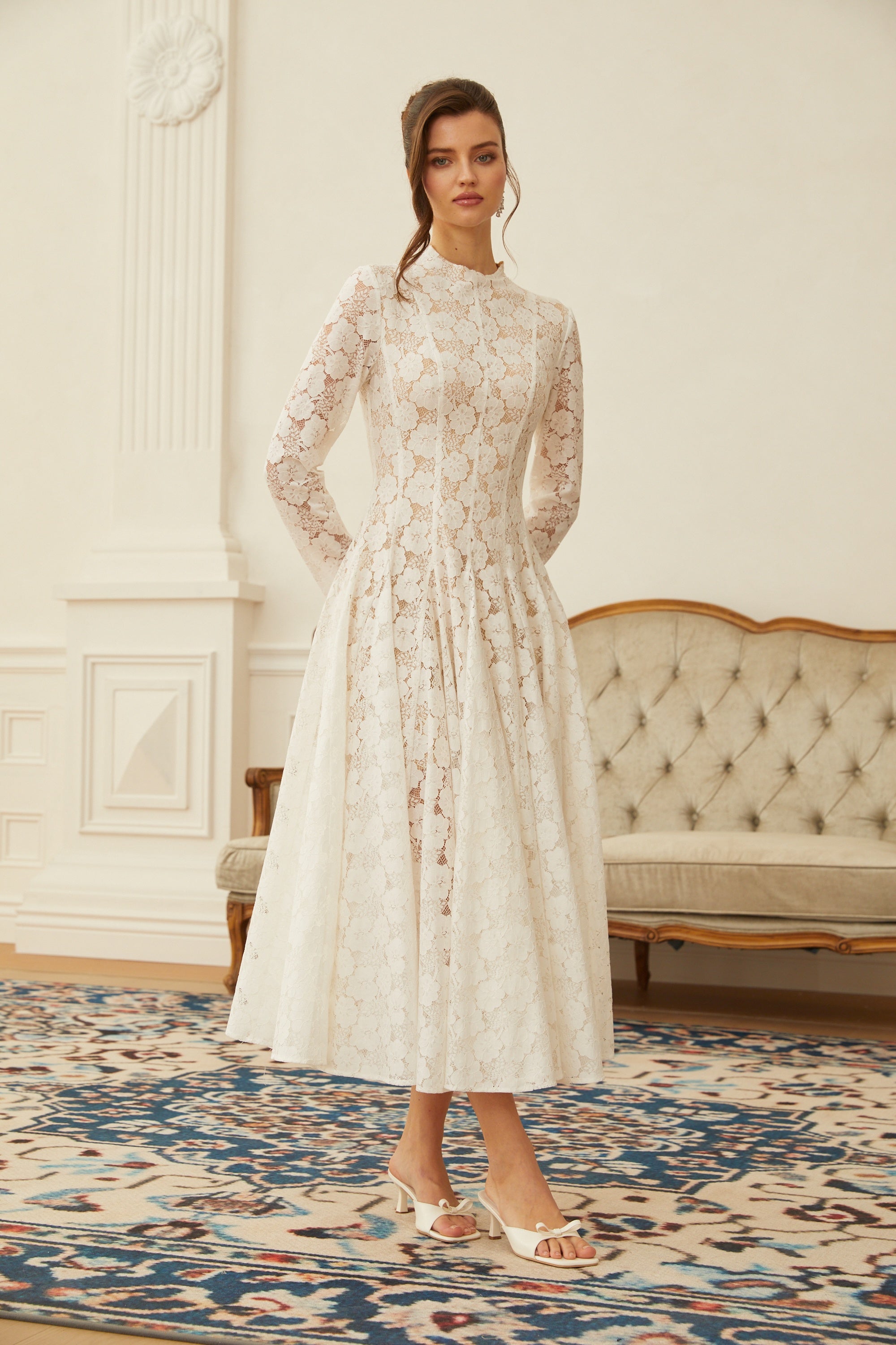 White Pleated Floral Lace Midi Dress